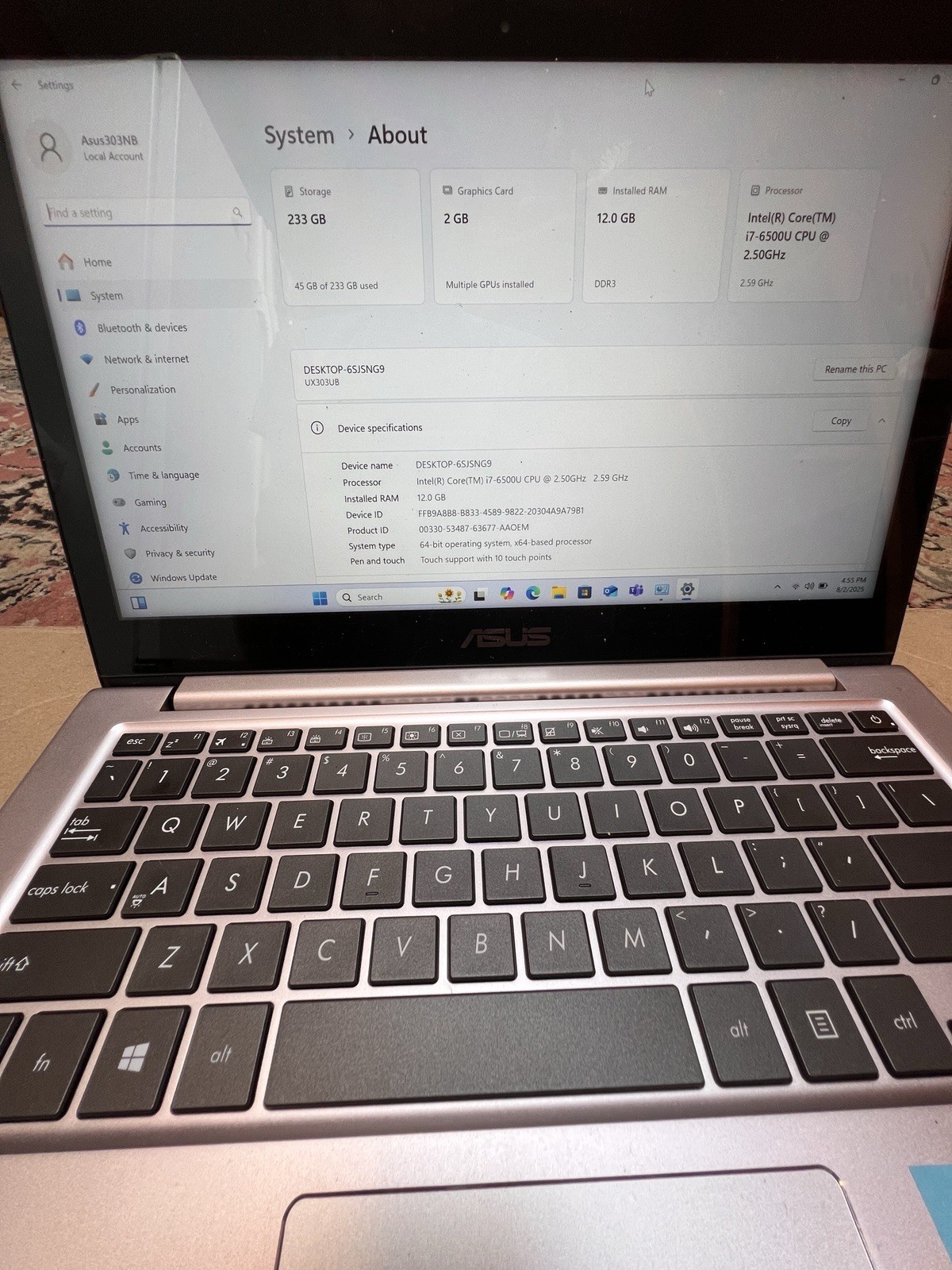 Asus Zenbook UX303UB, I7,12G Ram SSD250 G Nvidia Touch Screen Win 11 Pro No:2