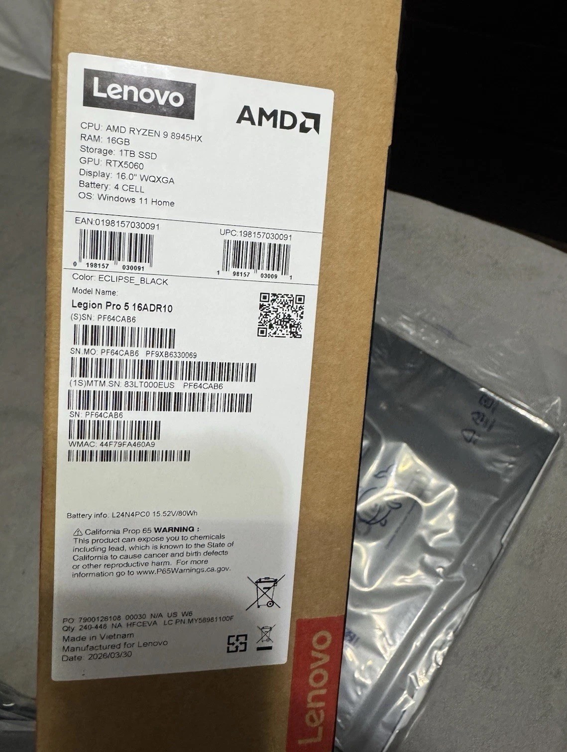 Lenovo Legion Pro 5 16″ 2.5K Gaming Laptop Ryzen 9 8945HX RTX 5060 16GB 1TB SSD