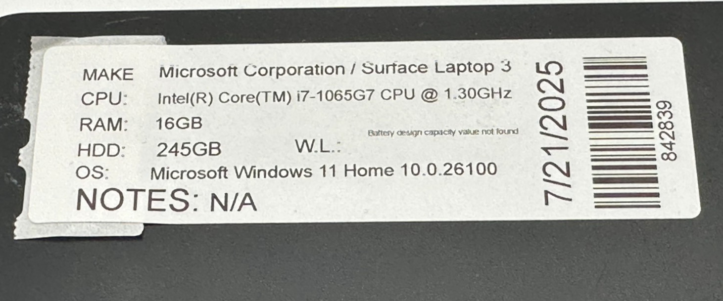 MICROSOFT SURFACE LAPTOP 3 CORE i7-1065g7 @ 1.30Ghz 16GB RAM 245GB SSD (lp580)