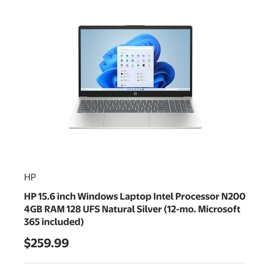 HP Silver 15.6-inch Laptop with 4GB RAM, 128GB SSD, Intel N200