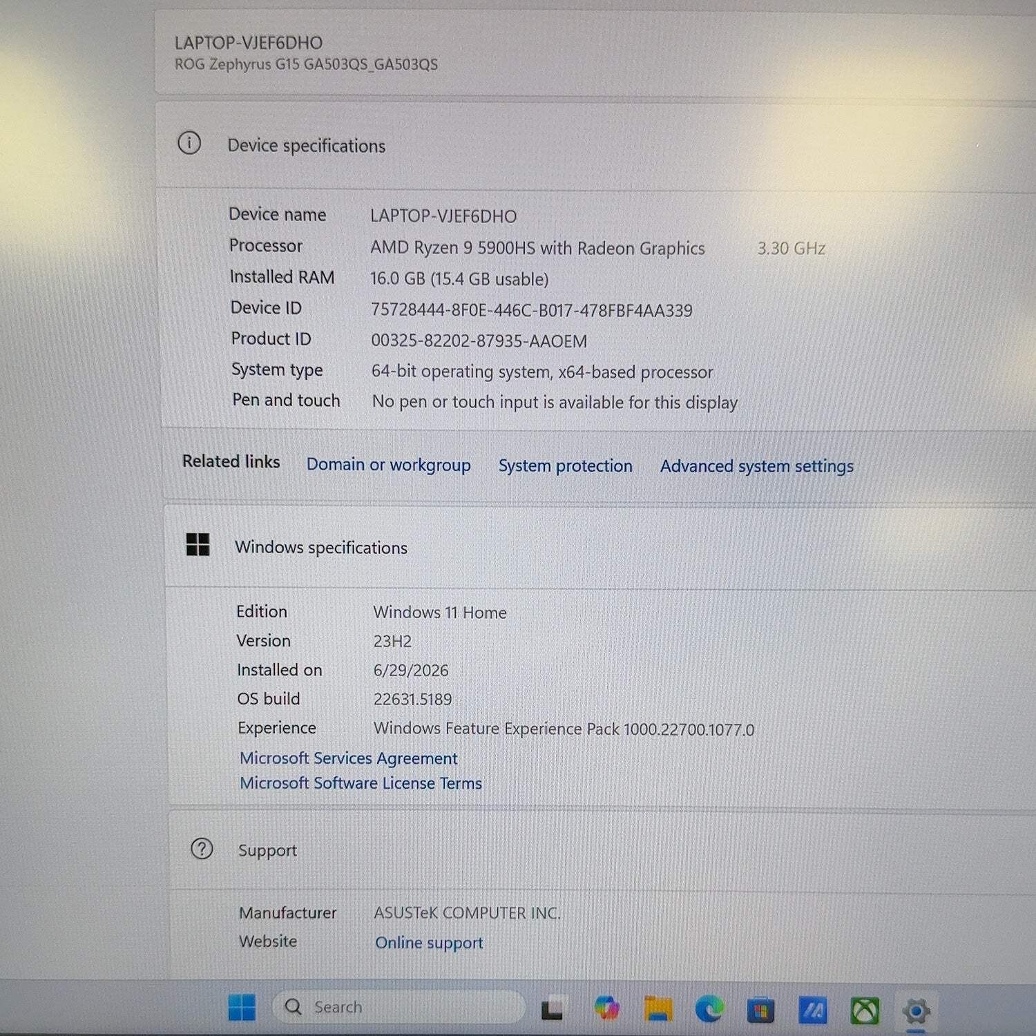 Asus ROG Zephyrus G15 15.3″ Ryzen 9 5900HS 3.3GHz 16GB RAM 1TB SSD RTX 3080