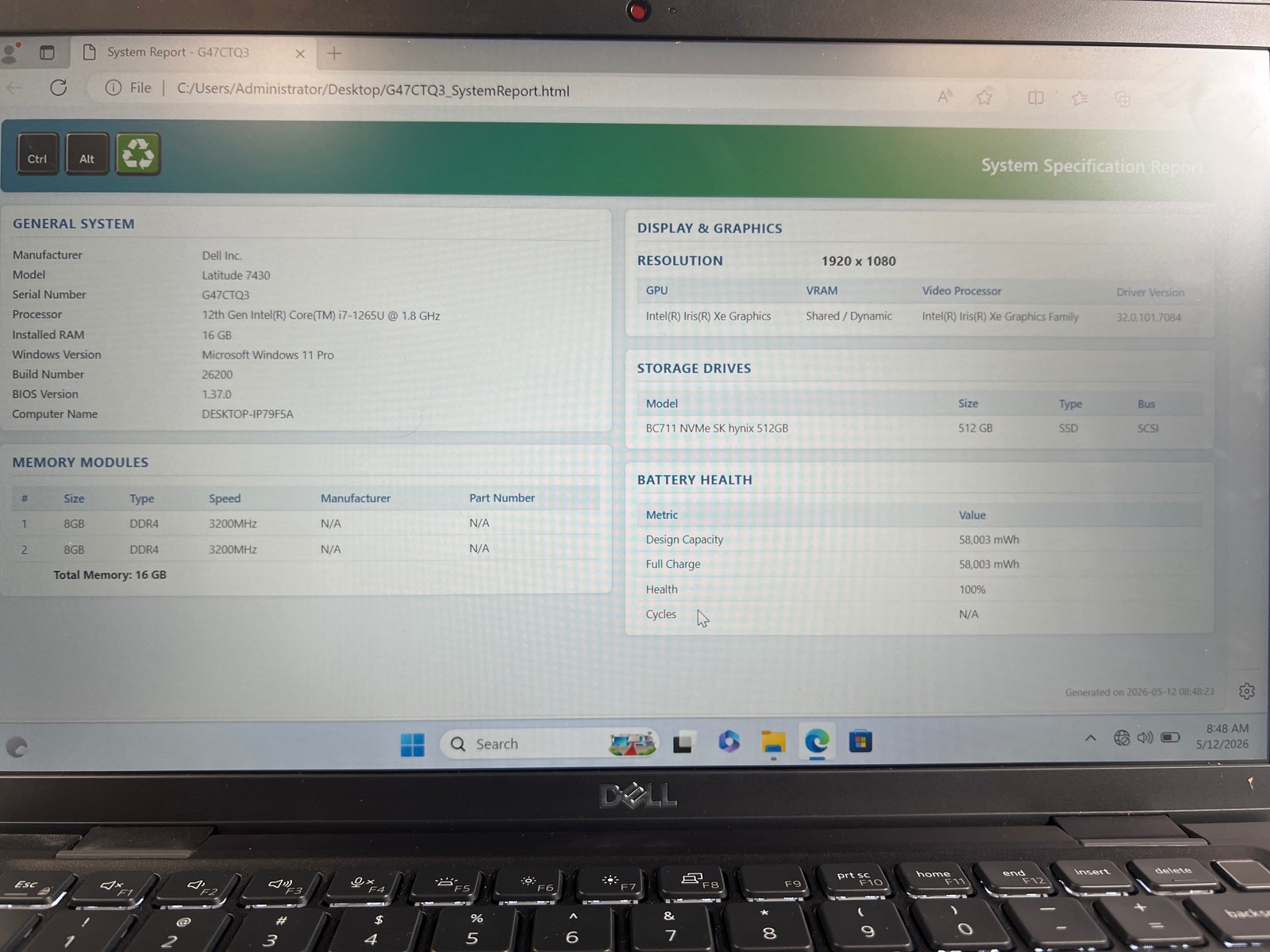Dell Latitude 7430 i7-1265U 16GB 512GB SSD 14in Win11Pro 100% Bat