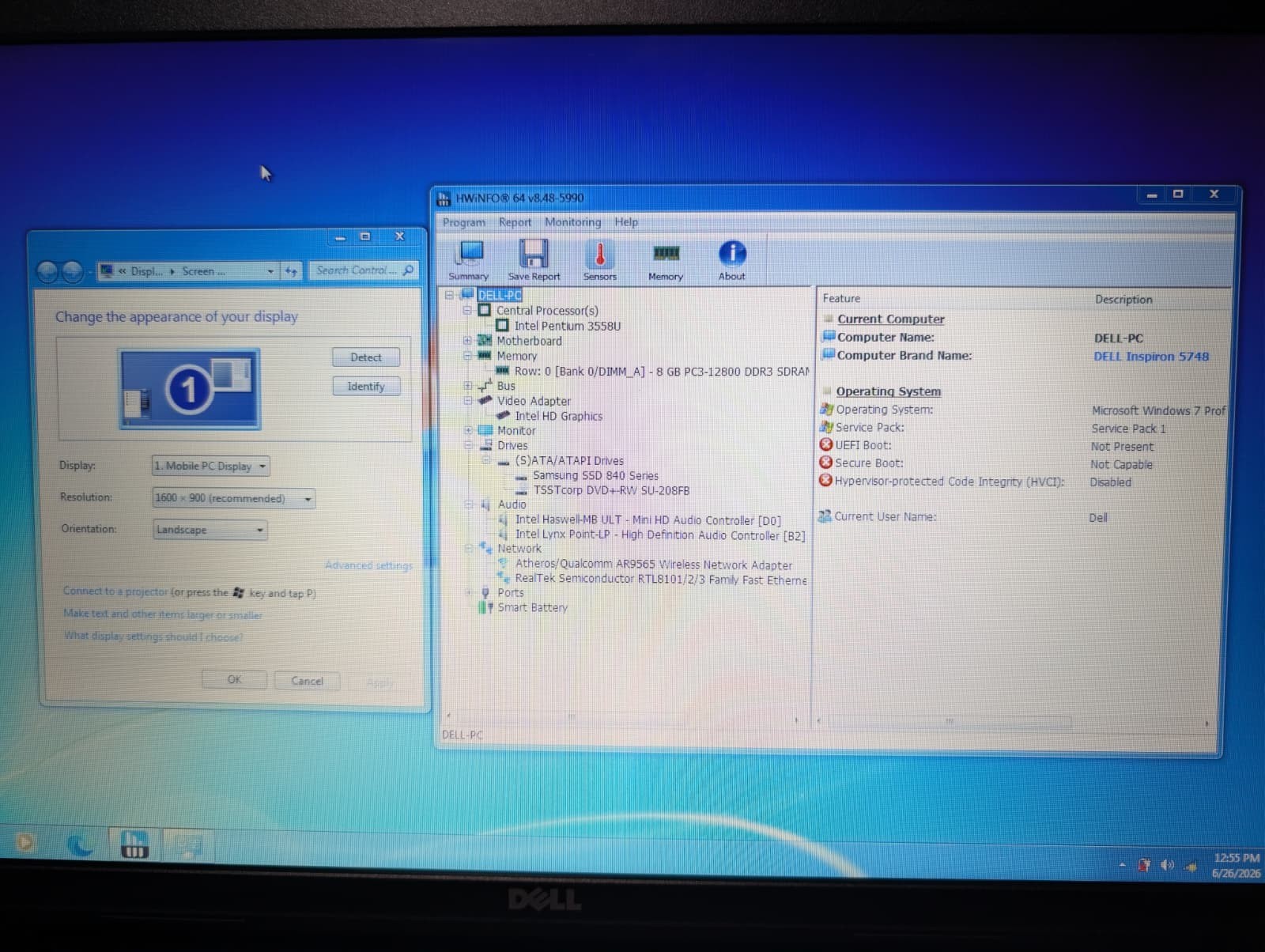 17″ Dell Inspiron 5748 | Pentium 3558U 8GB RAM 256GB SSD | HD+ Win 7 Pro DVD+RW