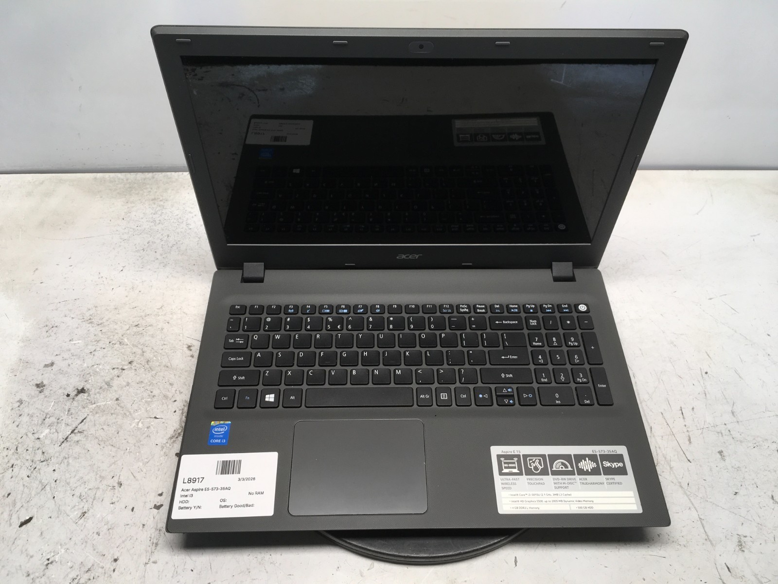 Acer Aspire E5-573-35AQ Intel i3 No RAM NO HDD