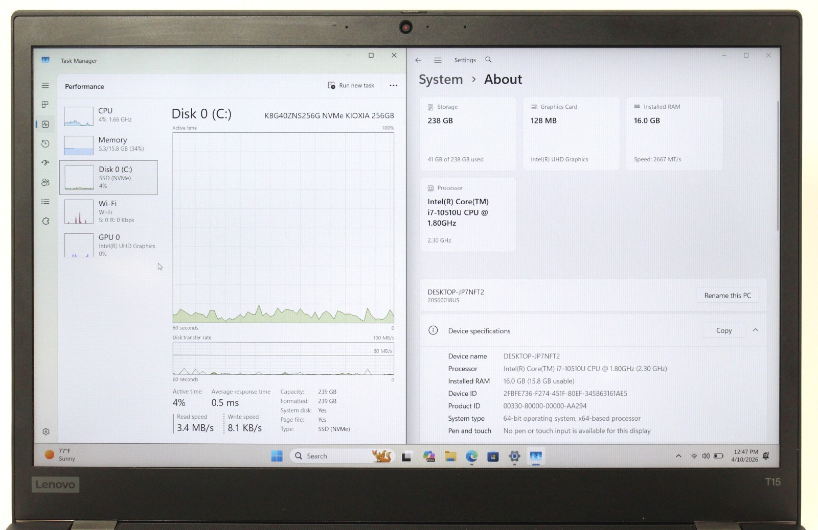Lenovo Thinkpad T15 Gen 1 15″ 1.80 GHz i7-10510U 256GB SSD 16GB RAM ; 6176805