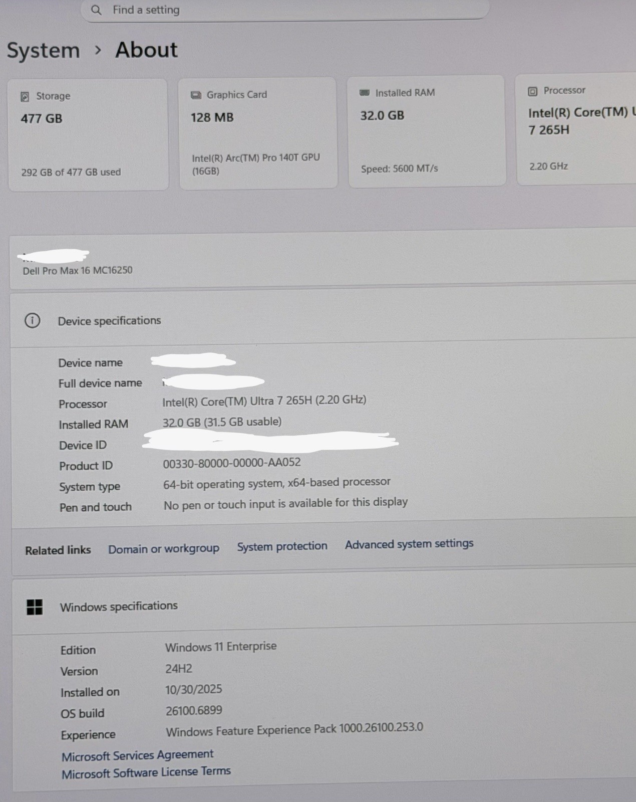 Dell Pro Max 16 MC16250 16in Core Ultra 7 265H 32GB 477GB SSD W11 Ent