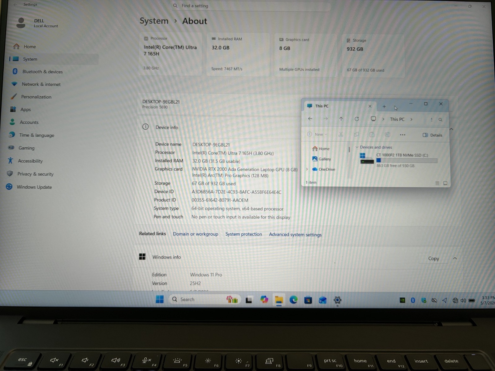 LAPTOP Dell Precision 5690 FHD+ IPS 16″ Ultra 7 165H 1 TB NVMe 32GB RAM Win 11
