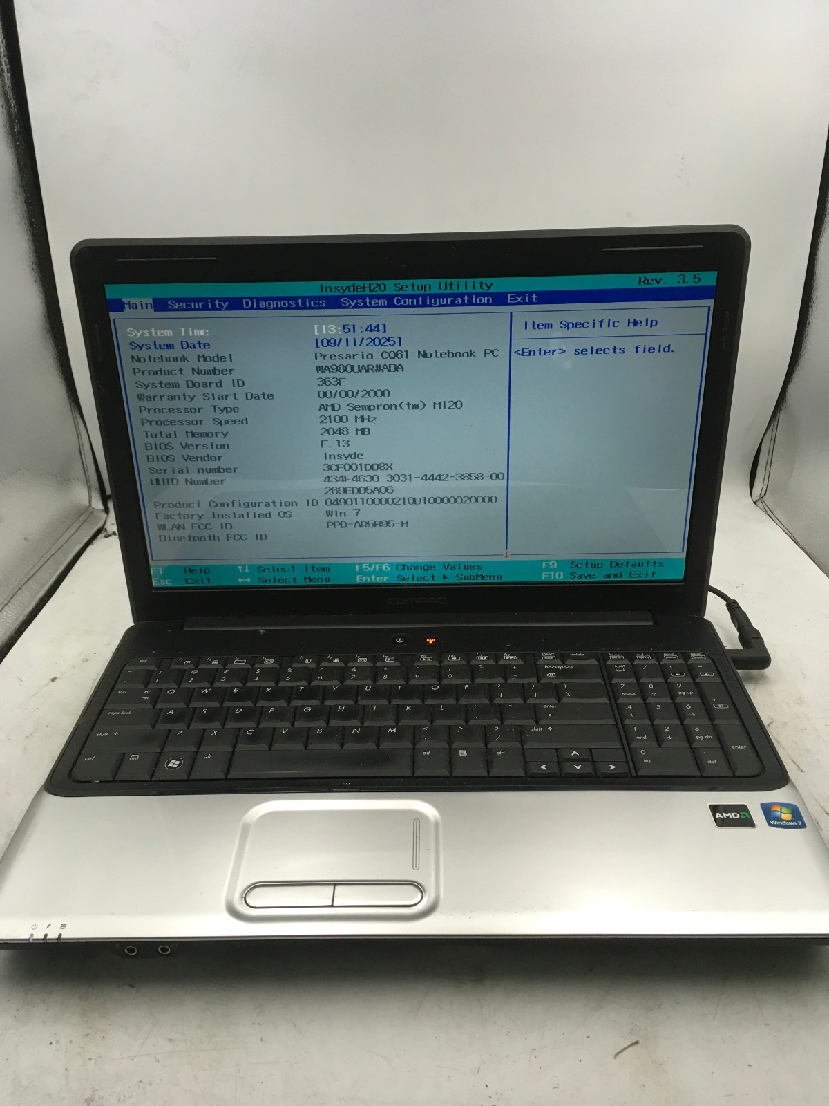 HP PRESARIO CQ81 – BOOTS TO BIOS – AMD SEMPRON M120 – 2GB RAM – READ DESCRIP -BB