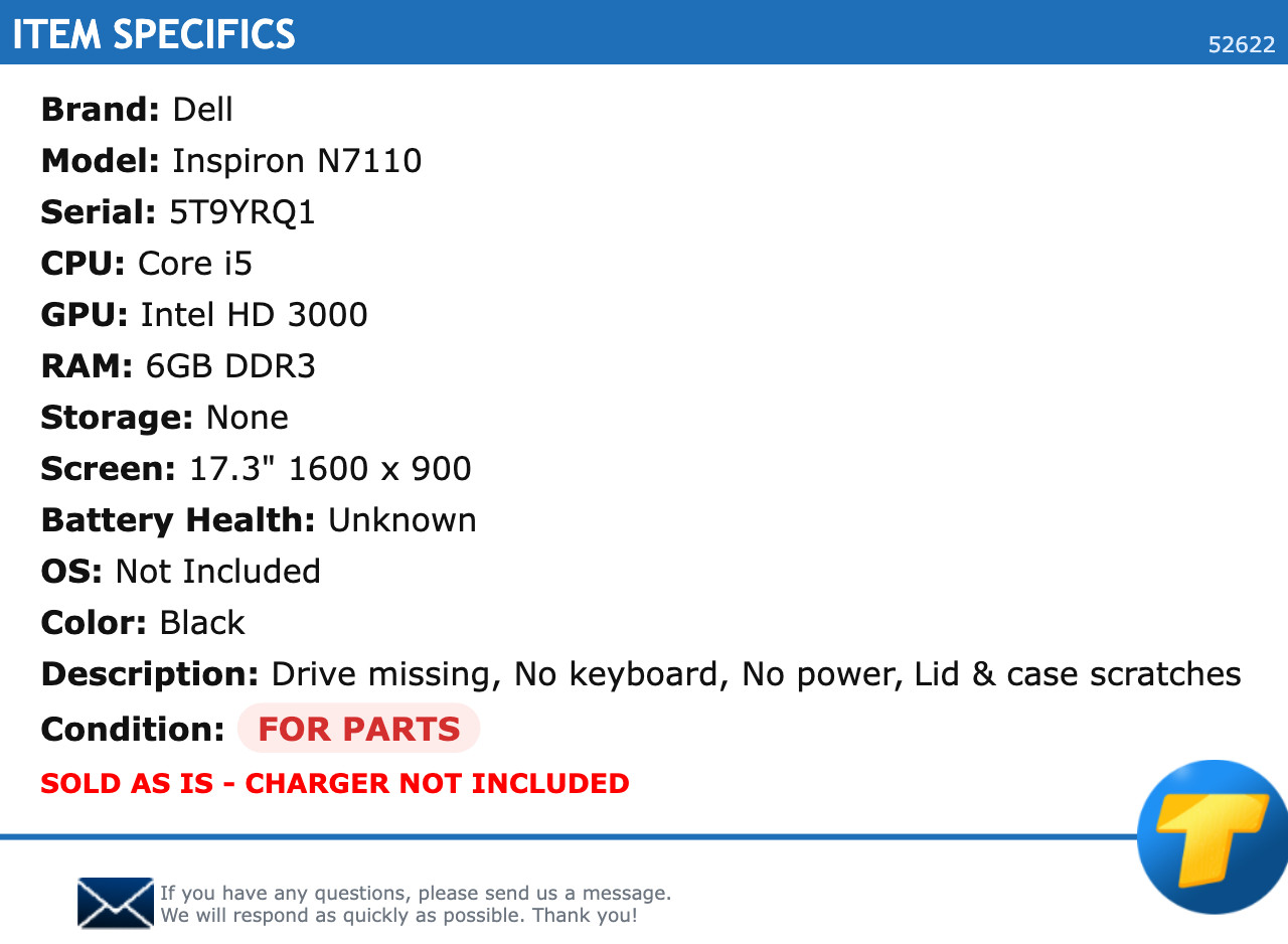 FOR PARTS: Dell Inspiron N7110 – 17.3″ HD+, i5, 6GB RAM, NO SSD