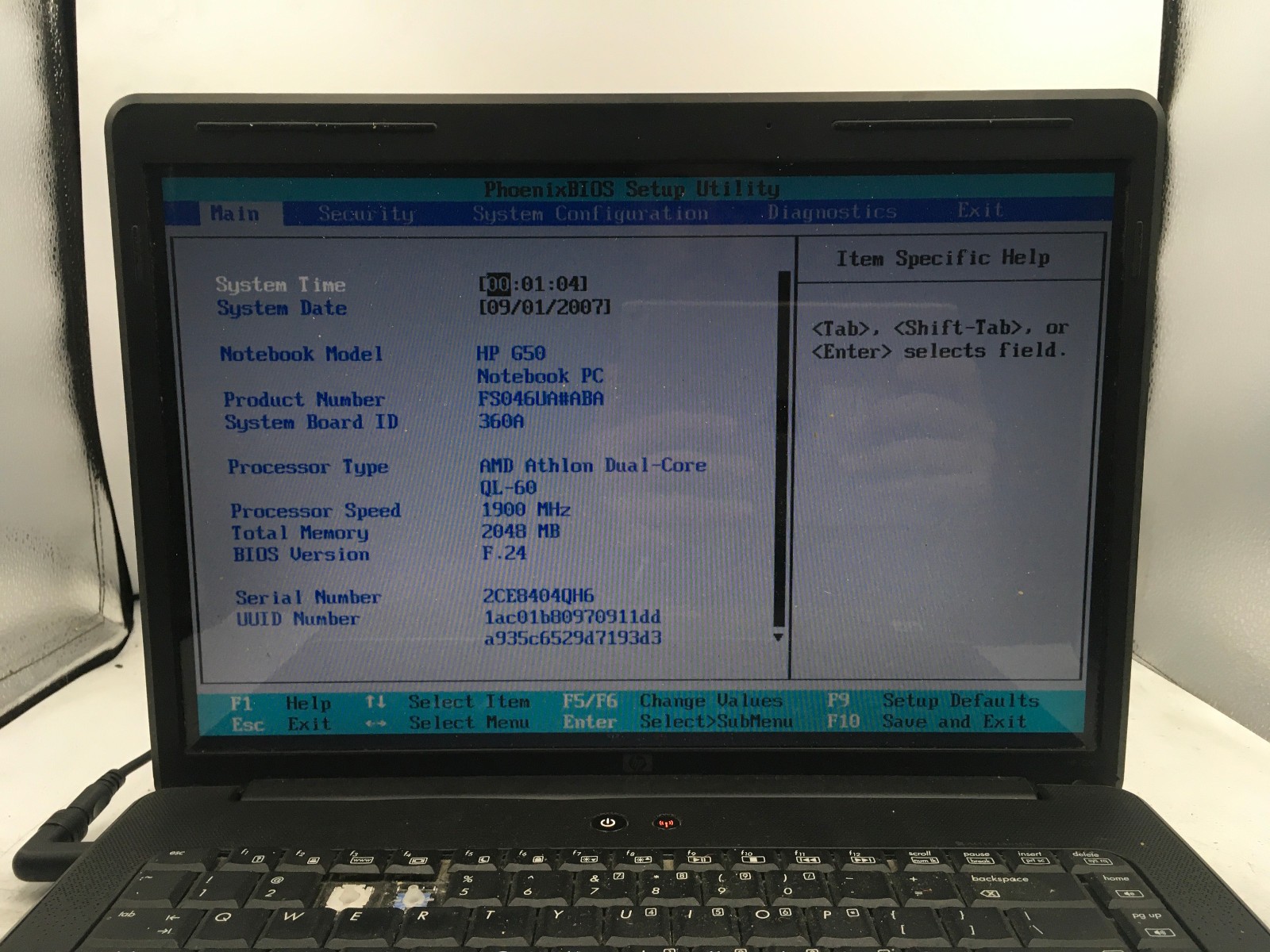 HP G50 109NR NOTEBOOK – BOOTS TO BIOS – AMD ATHLON DUAL CORE – 2GB RAM – READ-BB