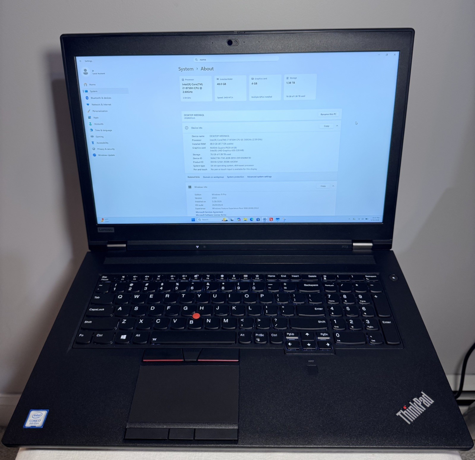 LENOVO ThinkPad P73 i7 | 48GB RAM | 1.5TB SSD | WIN11P | NVIDIA QUADRO P620