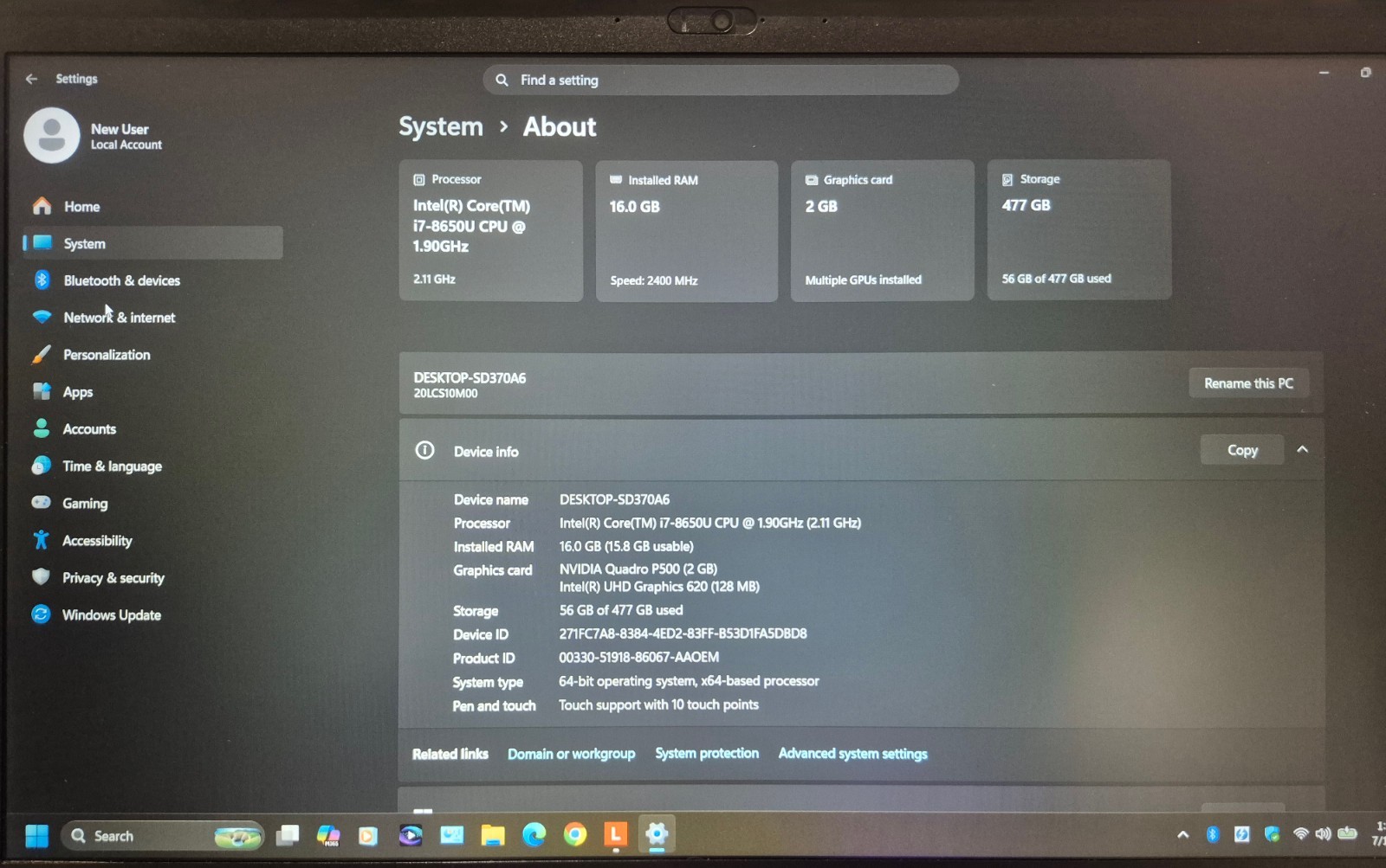 LENOVO THINKPAD P52S TOUCH i7-8650U 16GB 512GB QUADRO P500 WIN 11 + OFF PRO 2024