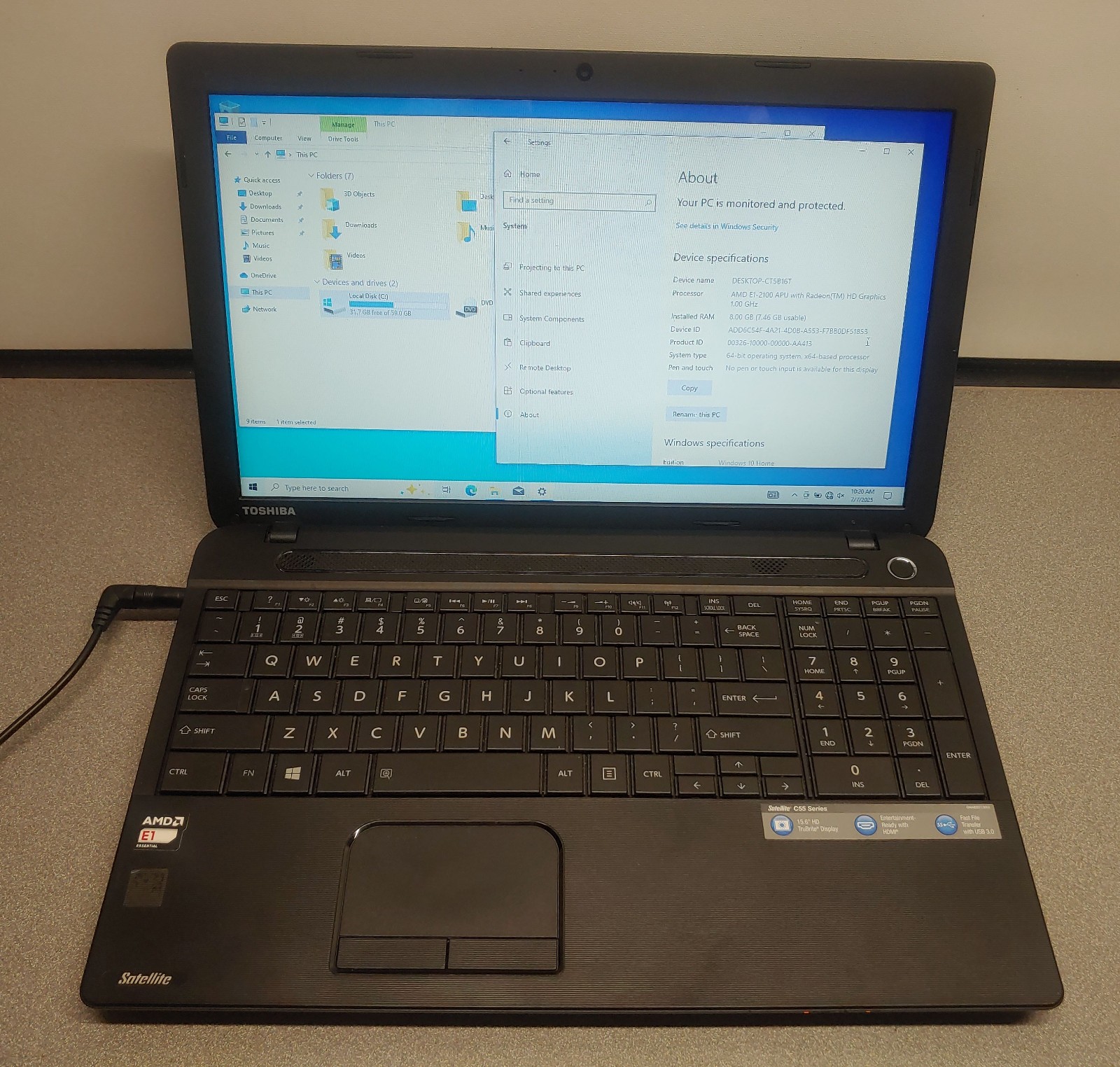 Toshiba Satellite C55D-A5170 15.6″ AMD E1-2100 8GB RAM 64GB SSD Windows 10
