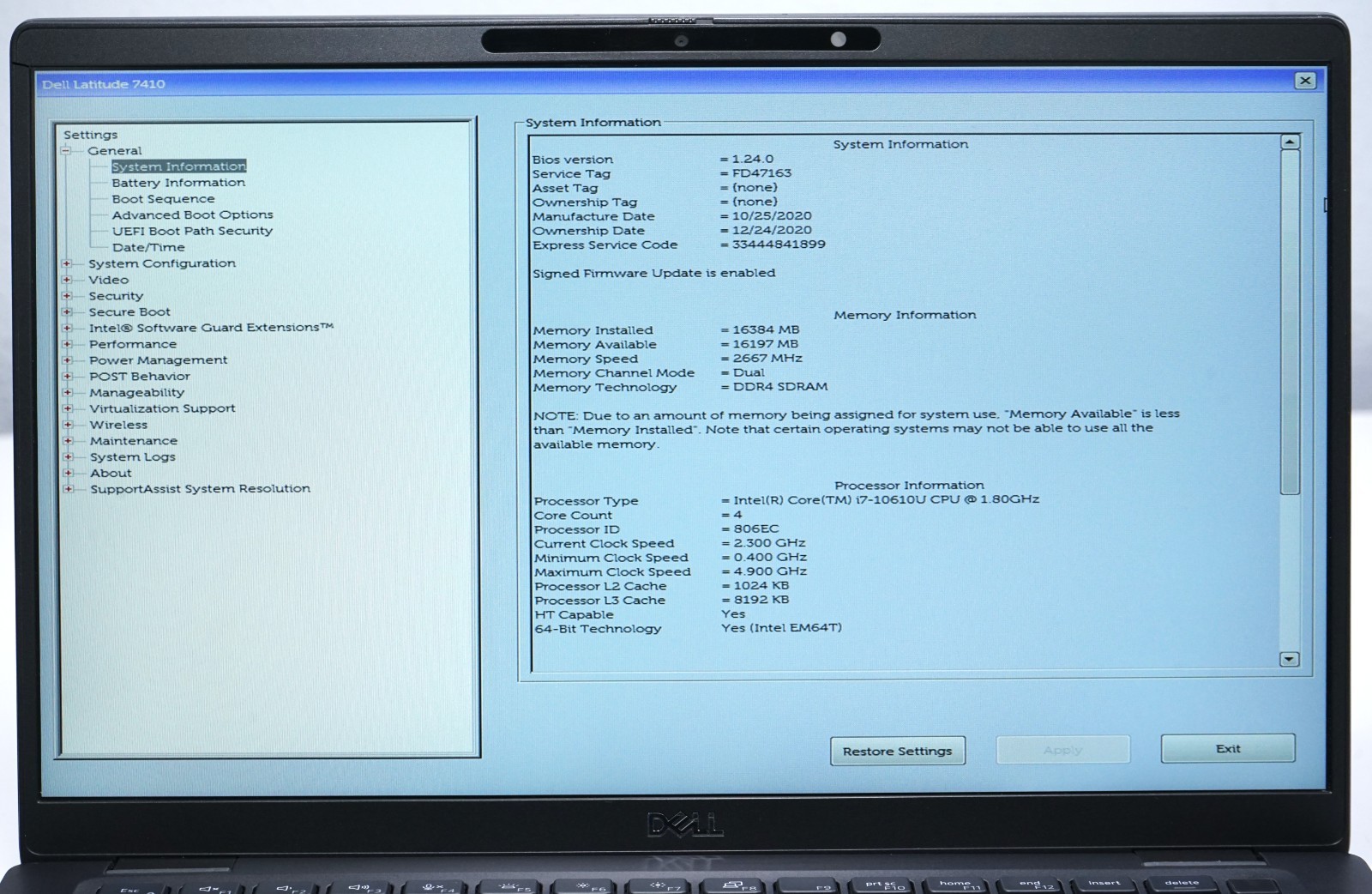 Dell Latitude 7410 Laptop Intel Core i7-10610U @1.80GHz 16GB RAM (No SSD)