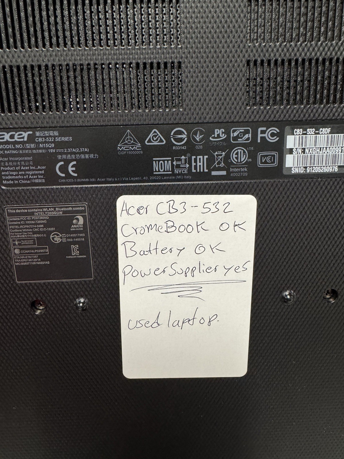 Acer Chromebook CB3-532 15.6” ChromeOS Battery OK Power Adapter Included