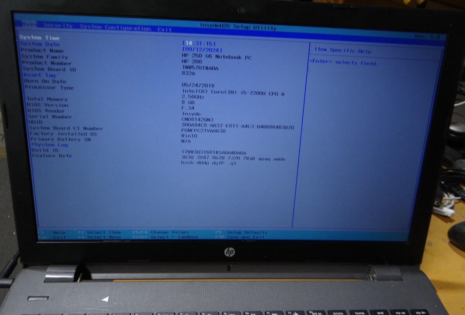 HP 250 G6 15.6” Laptop i5-7200U 2.5GHz 8GB RAM NO SSD/OS/Battery/Cover