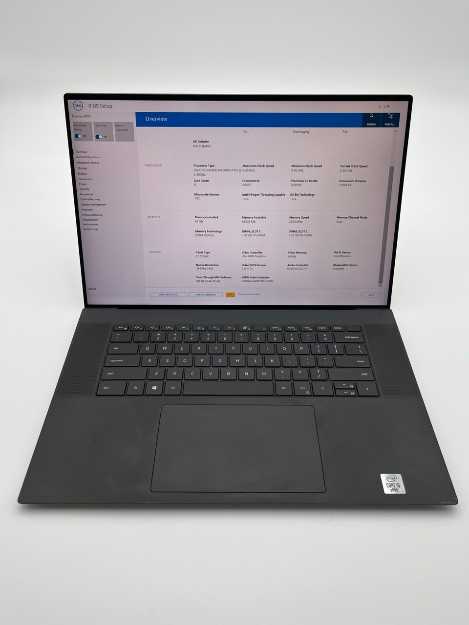 DELL PRECISION 5750 17” I9-10885H 2.40GHZ 64GB RAM 1TB RTX 3000 4K TOUCHSCREEN