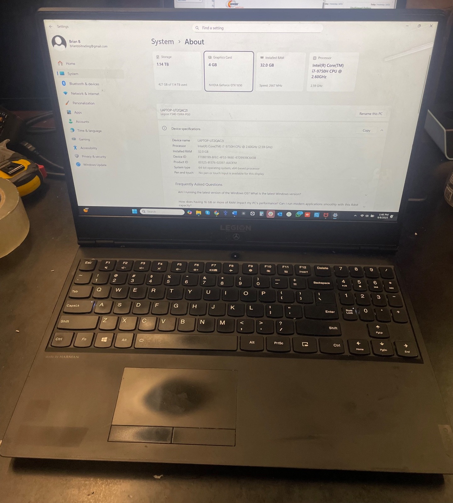 LENOVO LEGION Y540-15IRH | CORE I7-9750H | 1TB | 32GB RAM | 237GB SSD | 2.60 GHZ