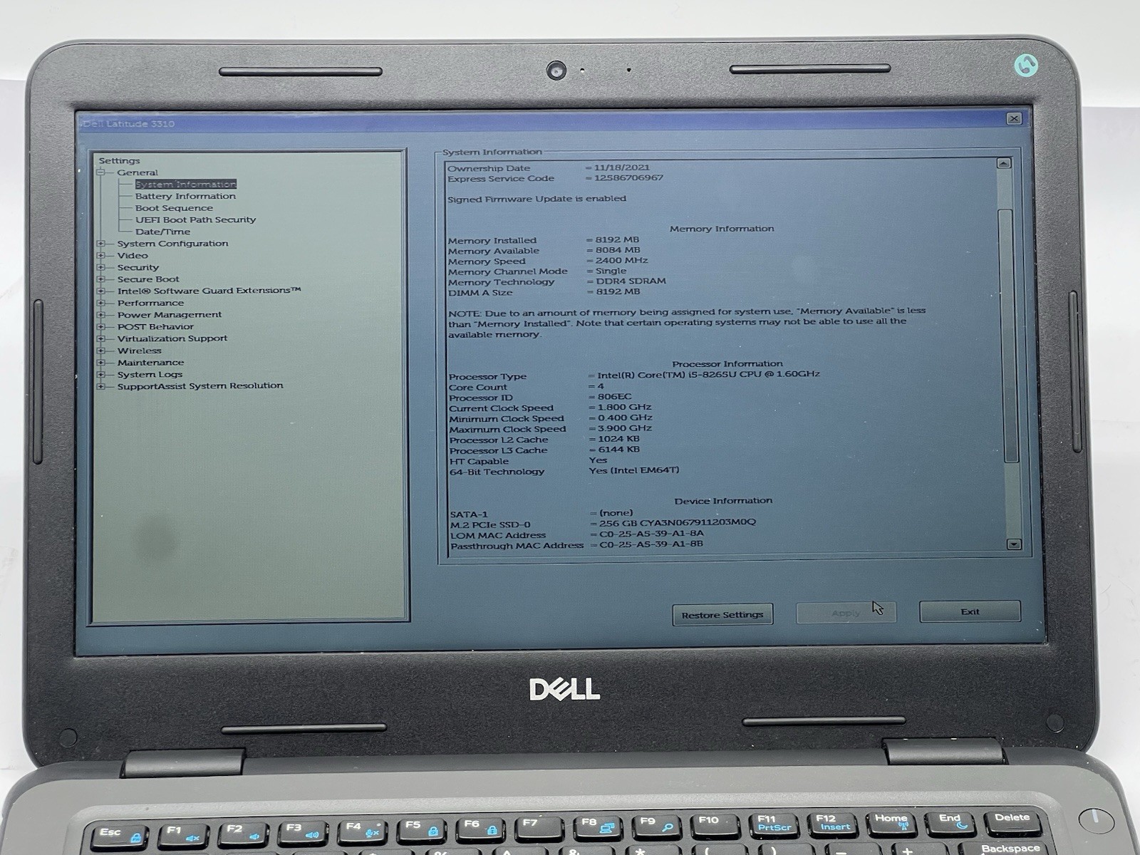 Dell Latitude 3310, i5-8265U CPU, @ 1.60GHz, 8GB RAM, 256GB NVMe-No OS/Adapter