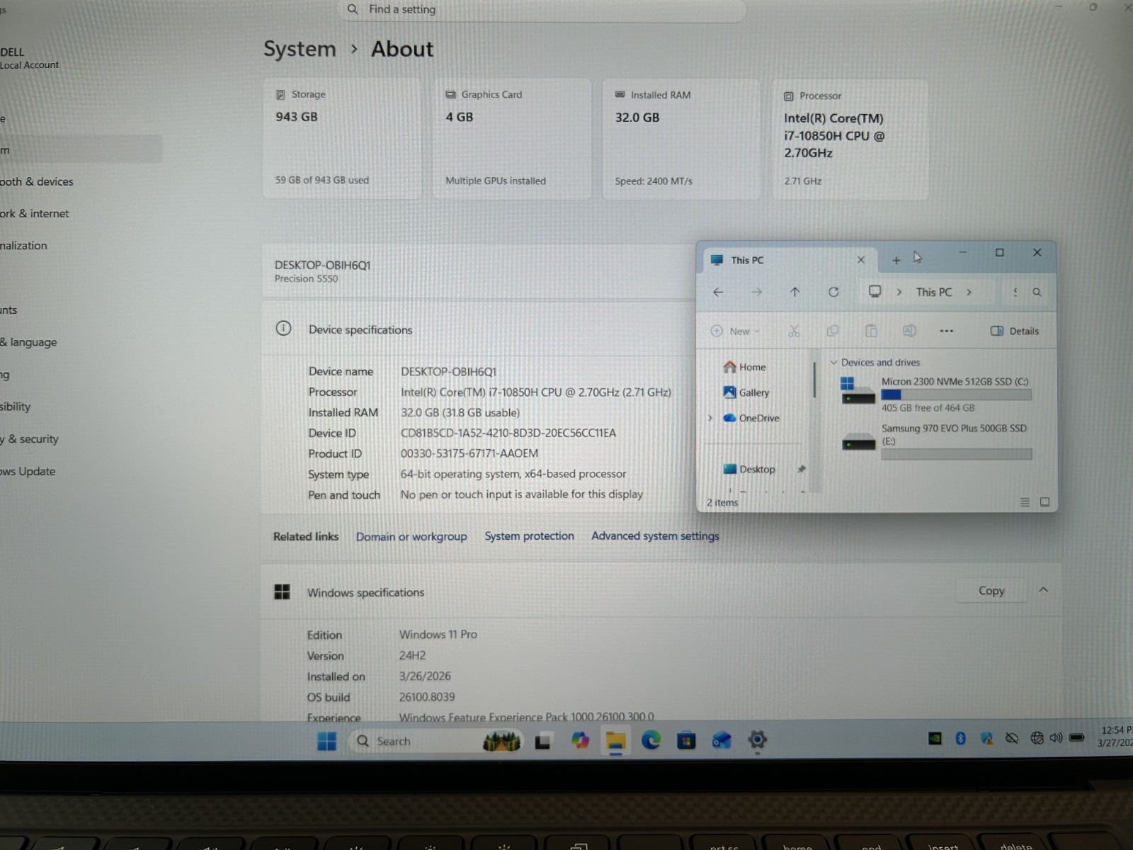LAPTOP Dell Precision 5550 15.6″ i7-10850H 1 TB NVMe SSD 32GB RAM Win 11 Pro