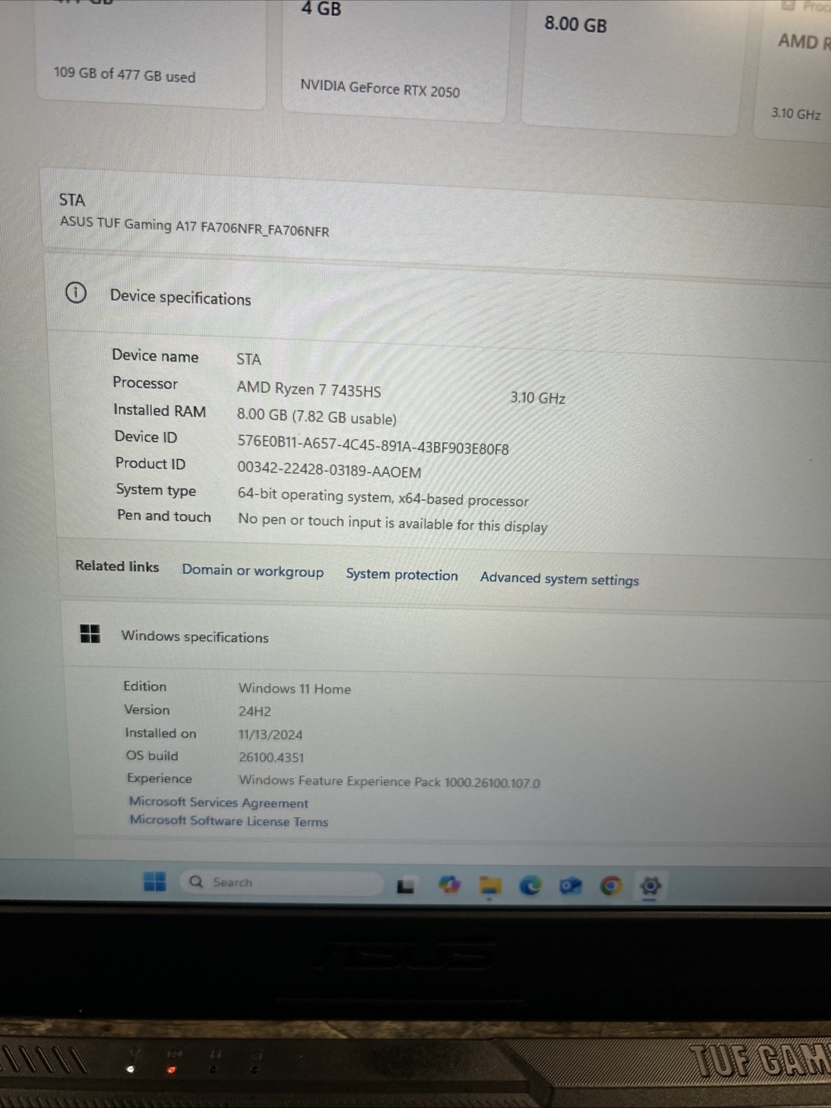 ASUS TUF A17 – 17.3″ W11 AMD RTX2050 Ryzen 7 7435HS/8GB/512GB SSD