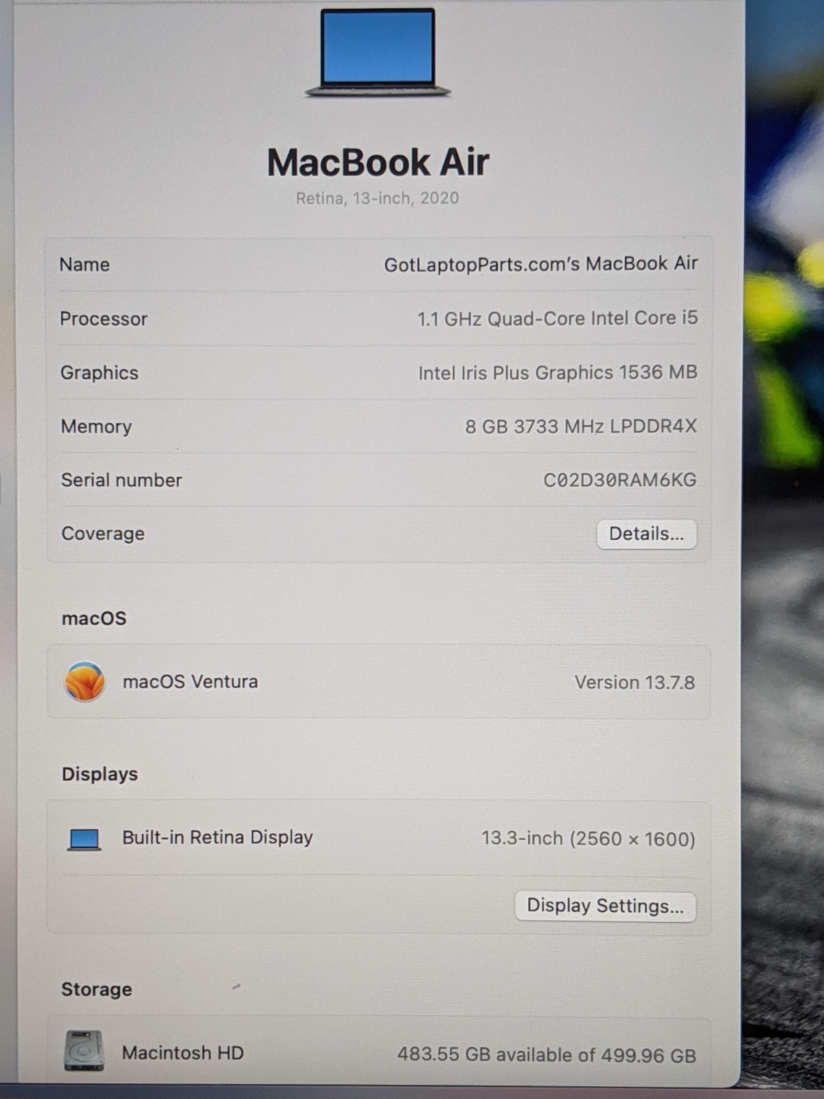 Apple MacBook Air 13″ A2179 (2020) i5-1030NG7 1.1GHz 8GB 512GB SSD MVH22LL/A +PA