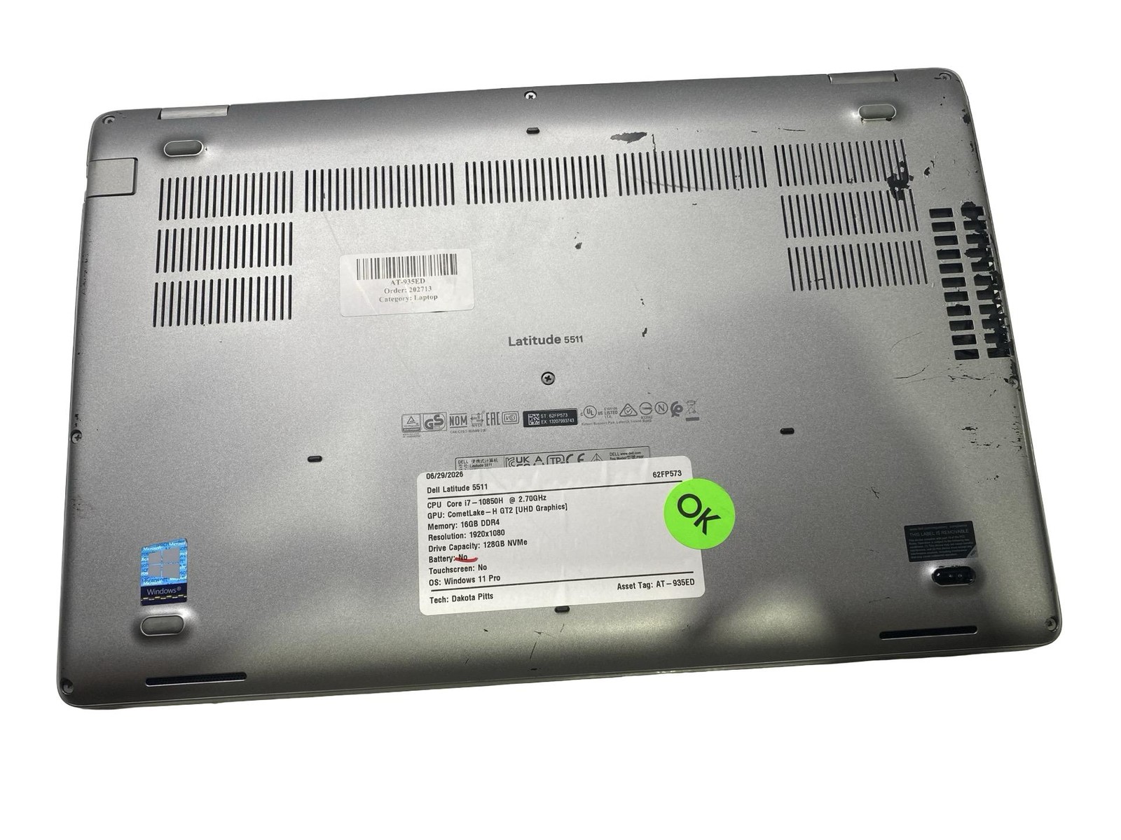 Dell Latitude 5511 Core i7 10850H 16GB 128GB Win11Pro Grade C No Battery