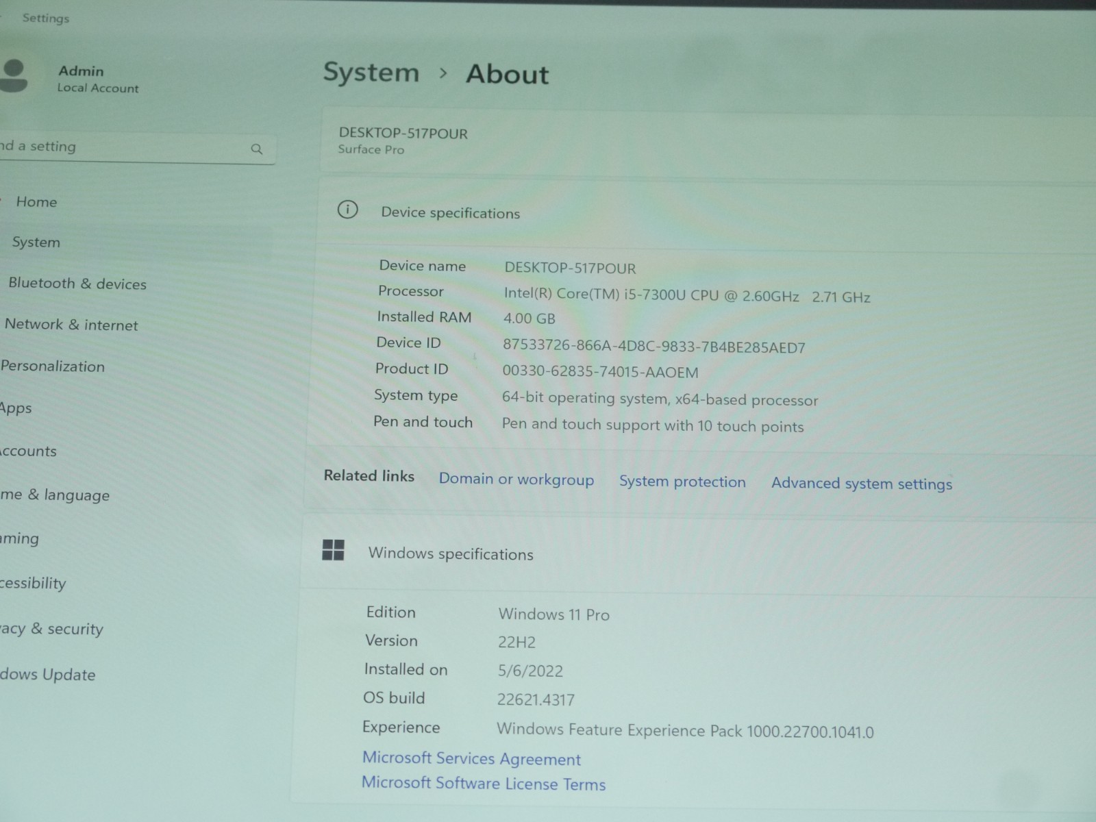 Microsoft Surface Pro 5 12.3″ 1796 Tablet – i5-7300U / 4GB / 128GB SSD / Win11