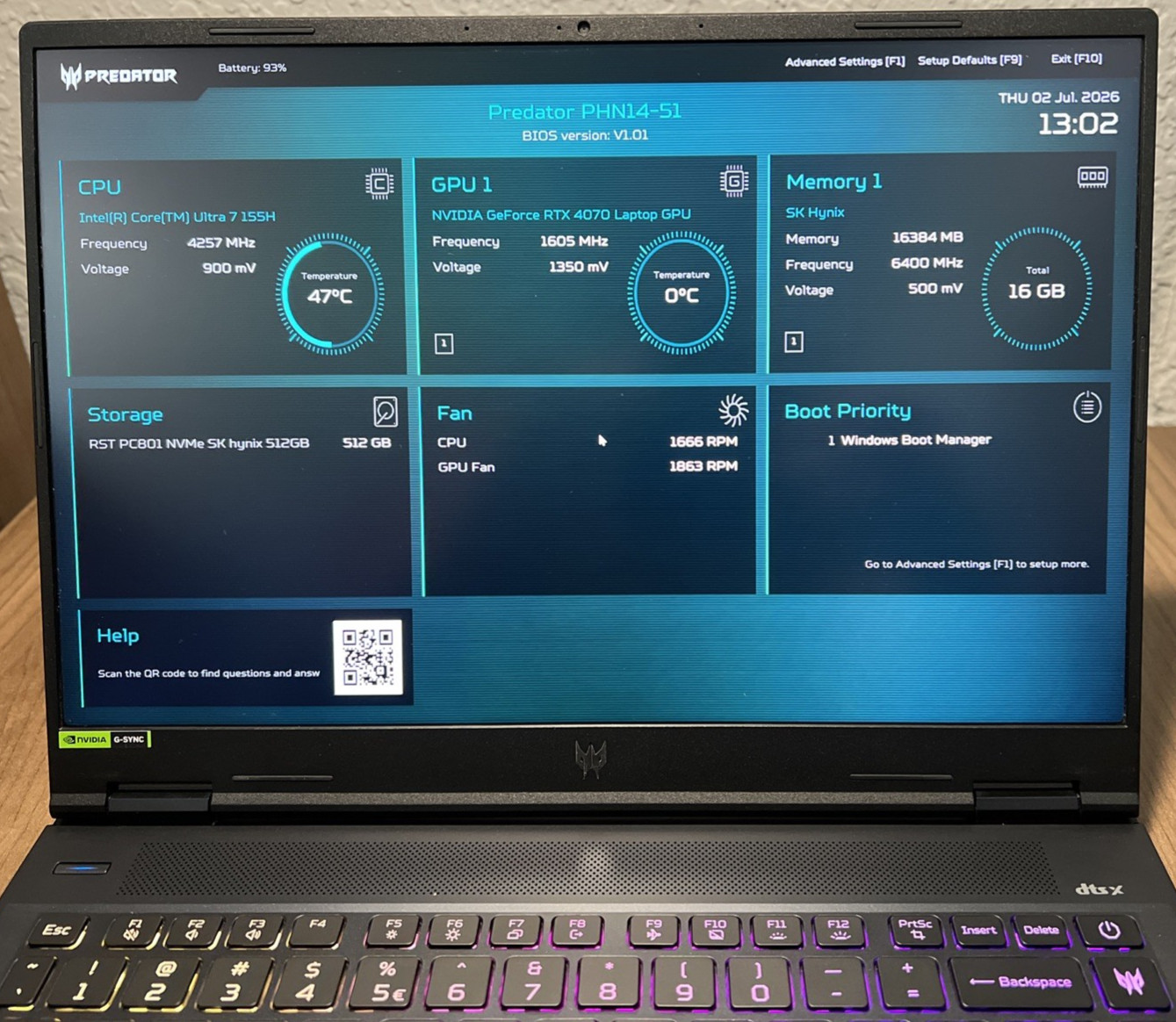 Acer Predator Helios Neo 14 QHD+ Ultra 7 155H 16GB RAM 512GB SSD RTX 4070(8GB)