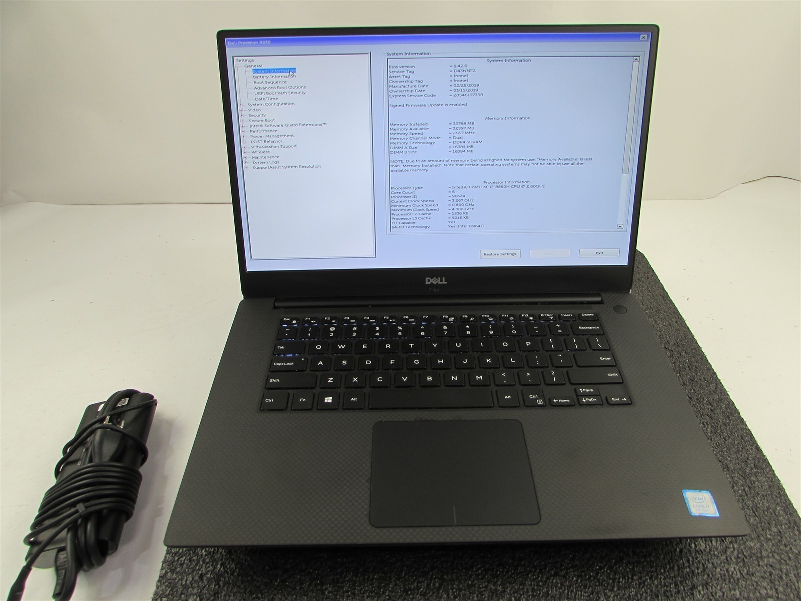 DELL PRECISION 5530 1920X1080 I7-8850H NO SSD 32GB RAM NVIDIA P1000 NO O.S