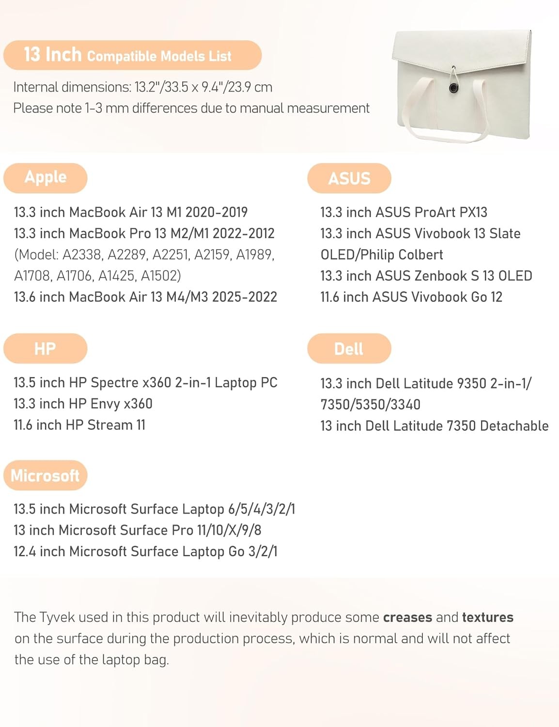 13 Inch Tyvek Slim Laptop Sleeve for 13.3 Inch MacBook Pro, ASUS Vivobook, Dell