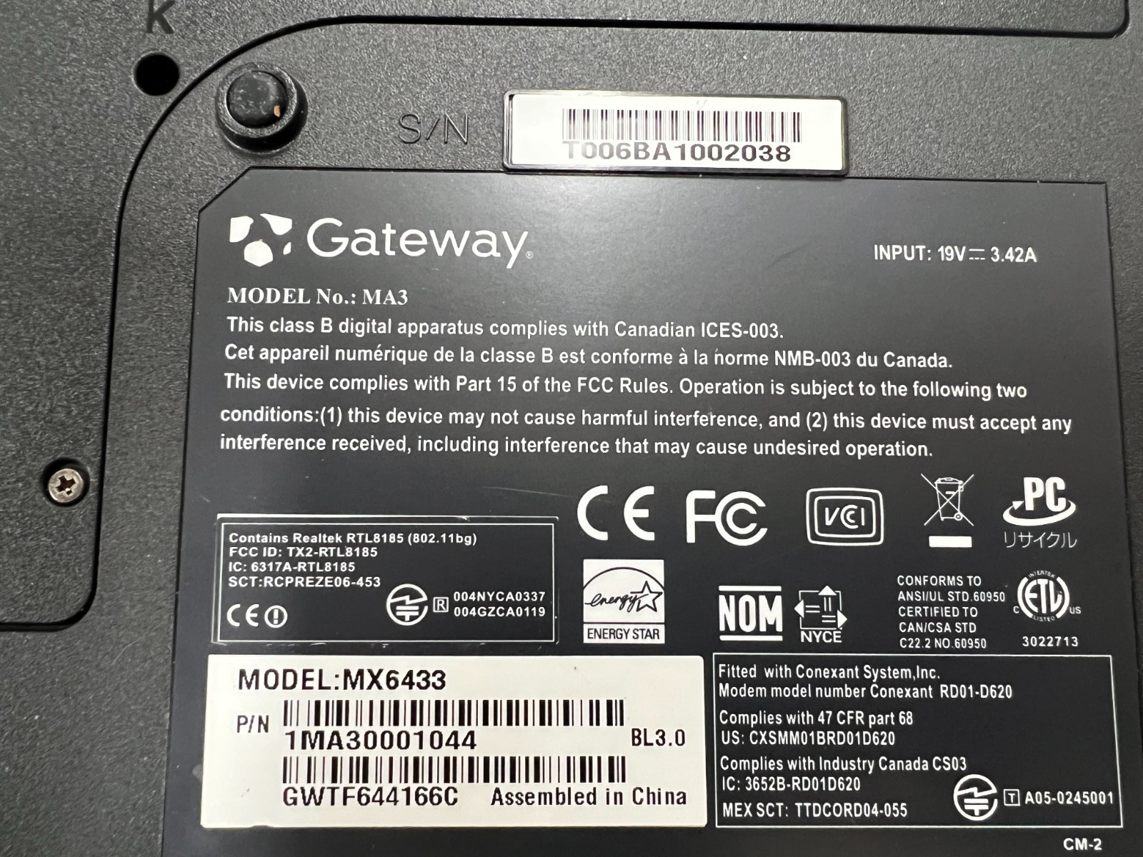 Gateway MA3 MX64 15.4 in AMD Turion 64 Mobile 1600 MHz 1 GB No HDD No No OS