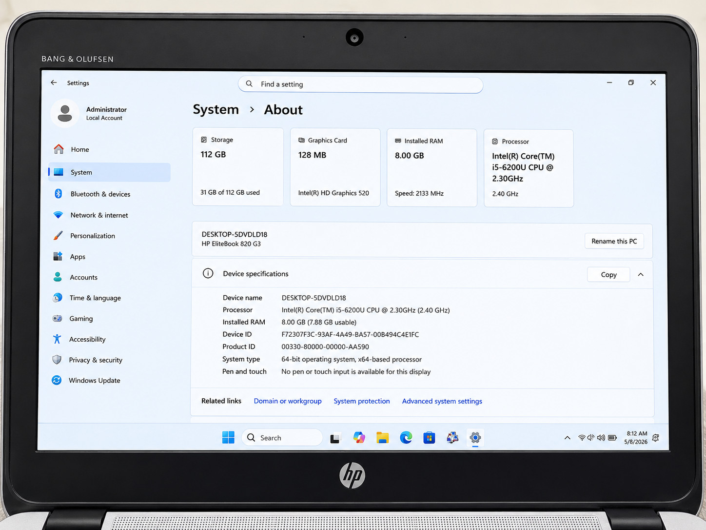 HP EliteBook 820 G3 Laptop Intel Core i5-6200U 8GB RAM 128GB SSD Windows 11 Pro.