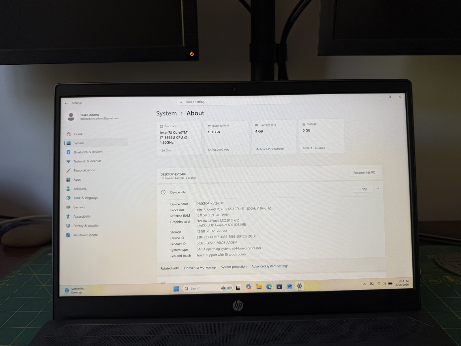 HP Pavilion 15-CS-2073cl Touchscreen i7-8565U 16GB RAM 1 TB SSD NVIDIA MX250