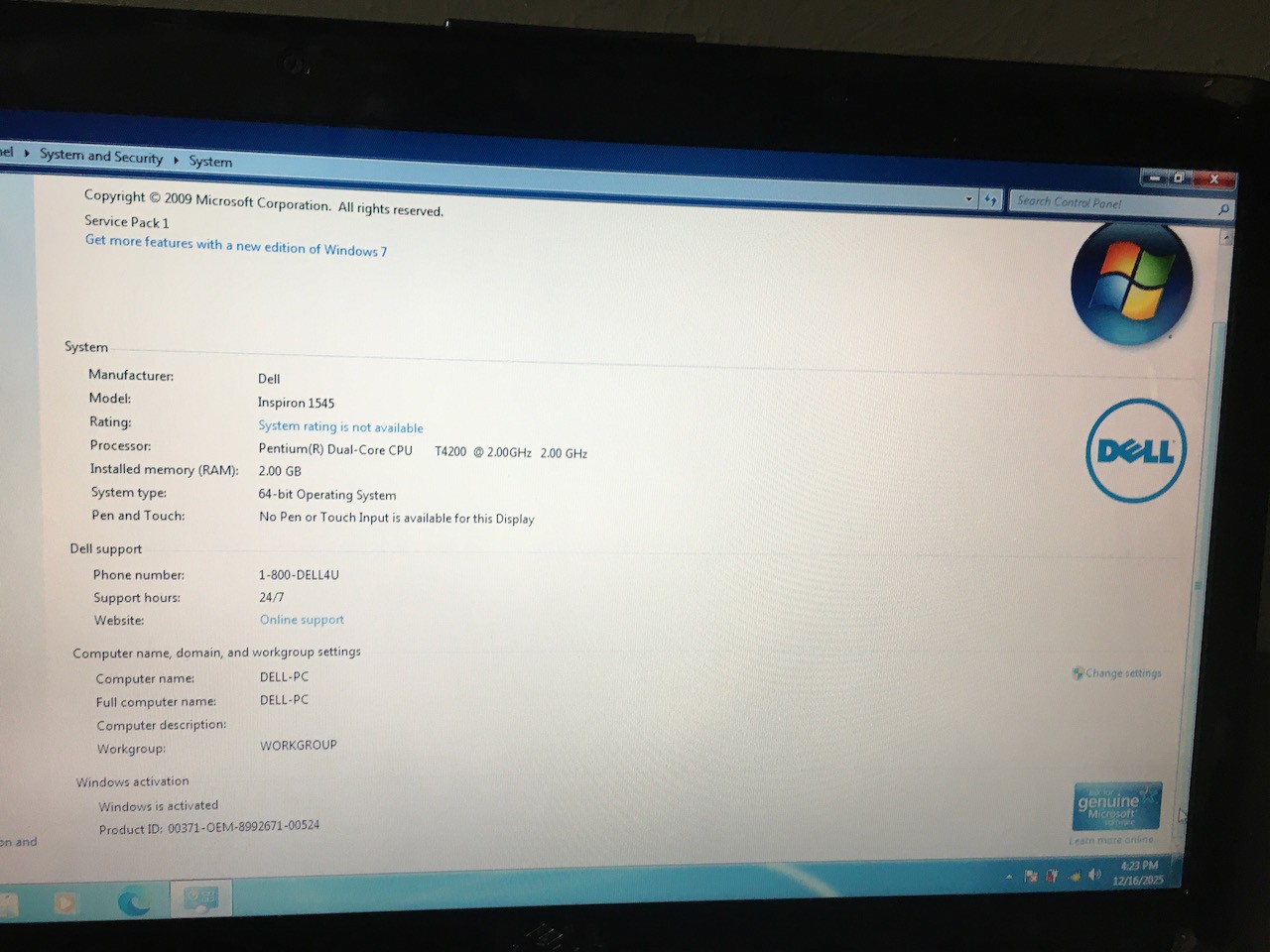 Dell Inspiron 1545 Pentium Dual-Core T4200 2GB 250GB Windows 7 Pro Optical DVD
