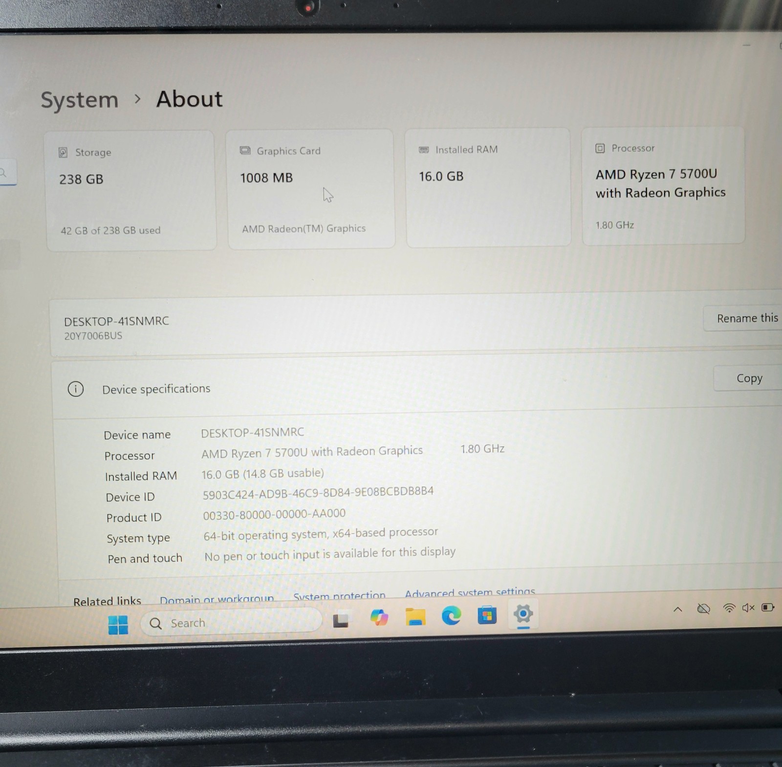 Lenovo ThinkPad E14 Gen 3 Ryzen 7 with Radeon Graphics 14″ 16Gb 256Gb Ssd. Good