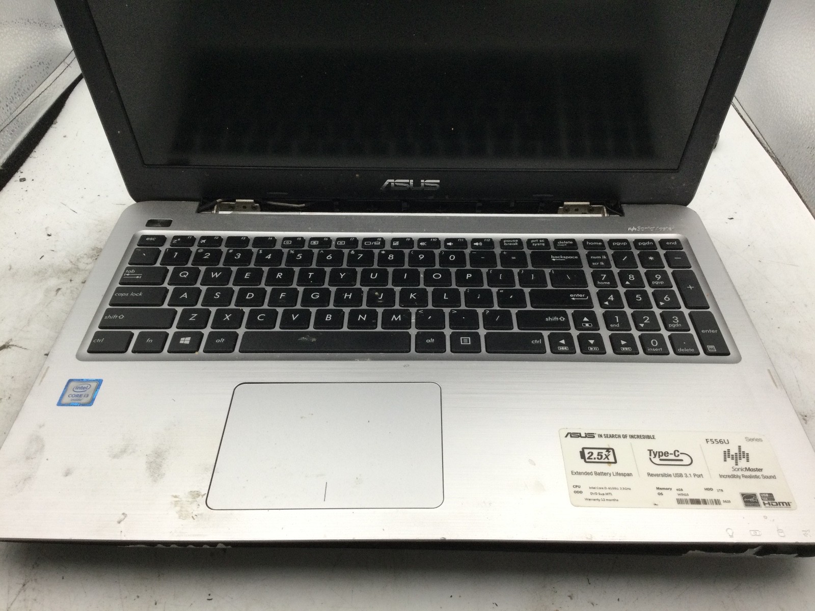 ASUS F556U 15.6″ Laptop – Intel Core i3 – No RAM No HDD- NO POWER/PARTS -BB