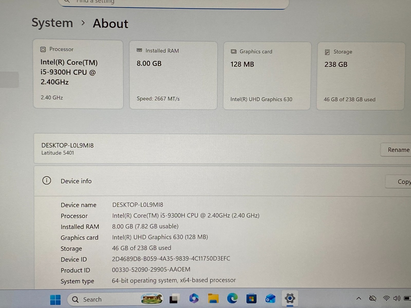 DELL LATITUDE 5401 14″ FULL HD i5-9300H 8GB RAM 256GB SSD WINDOWS 11 PRO GRADE B