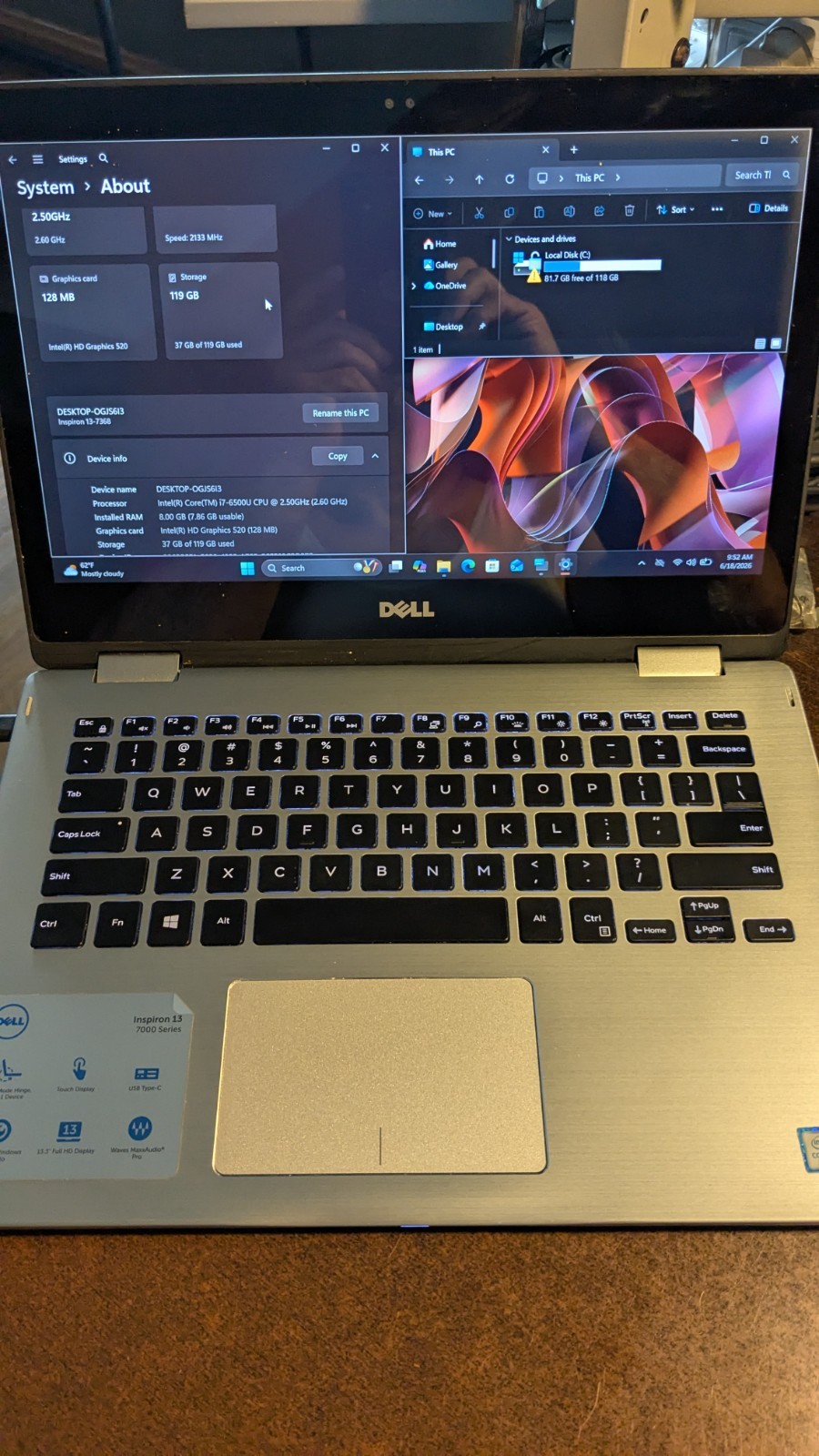 Dell Inspiron 13 7368 2-in-1 2.50GHz i7-6500U 8GB RAM 128GB SSD 13.3 win 11