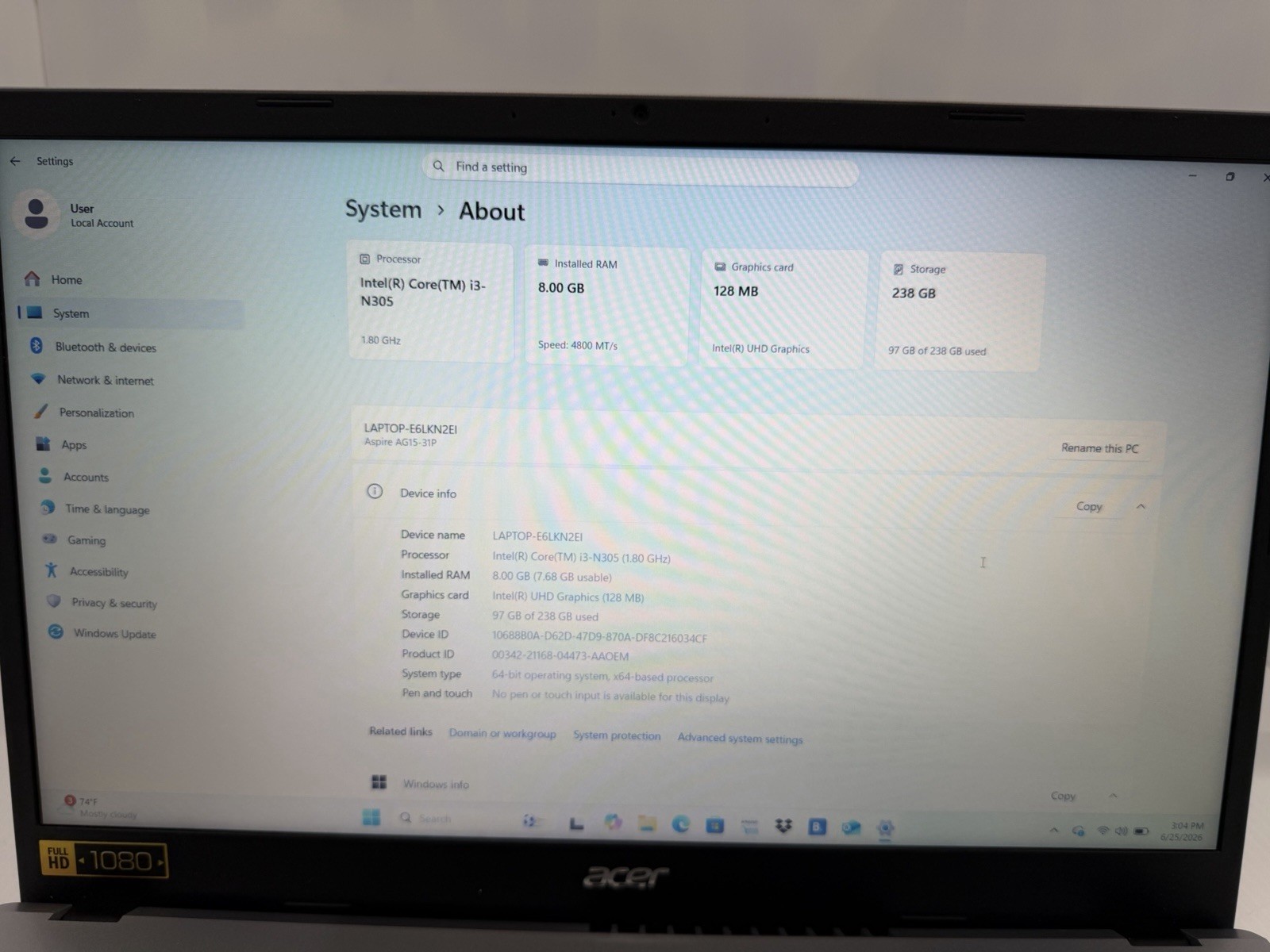 Acer Go 15 Windows 11 256GB SSD 8GB RAM Intel Core i3-N305 @ 1.80GHz N23Q23