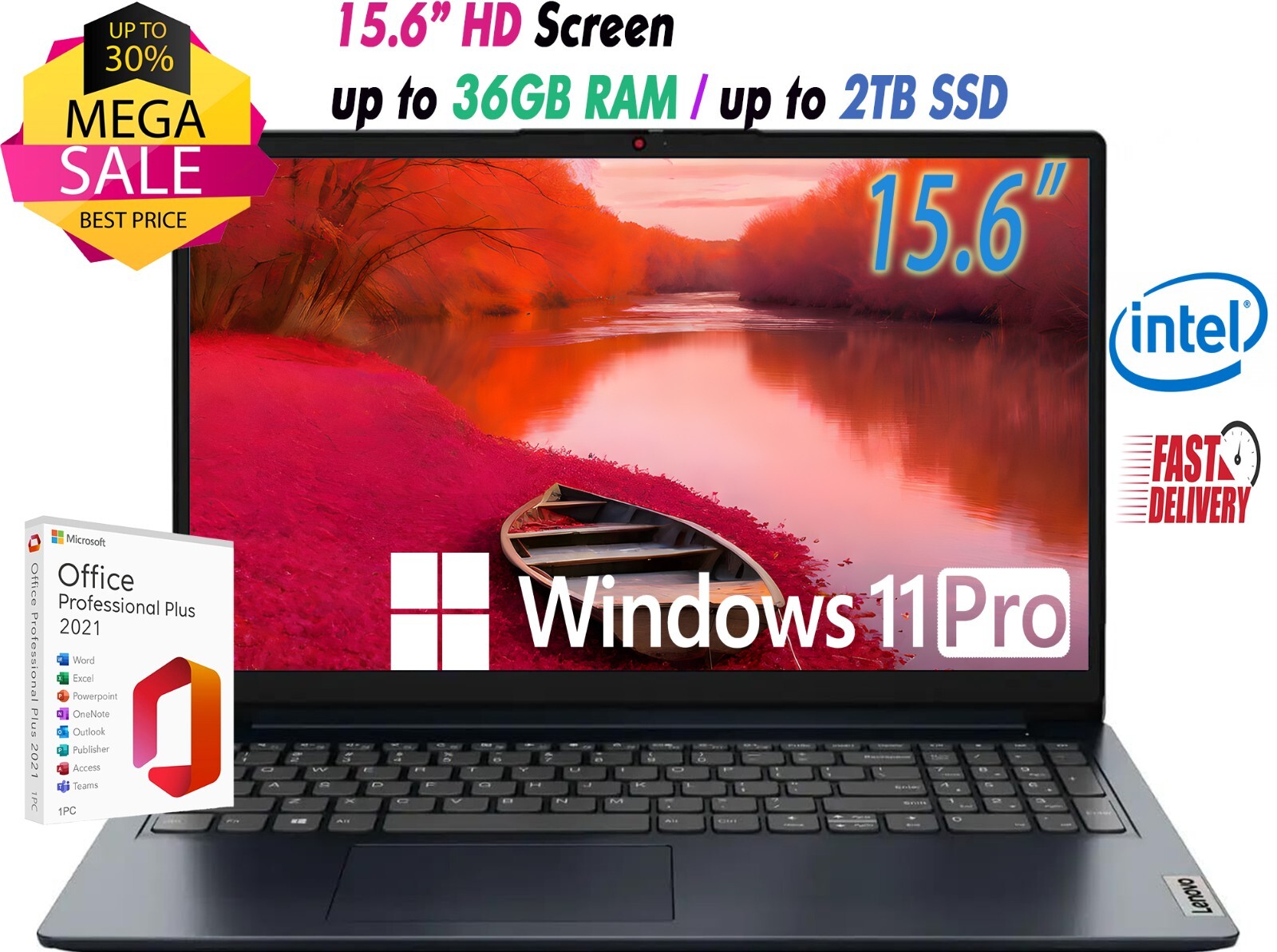 Lenovo Slim Laptop 15.6″ N4500 Up to 36GB RAM & 2TB SSD Win11 PRO+OFFICE Blue