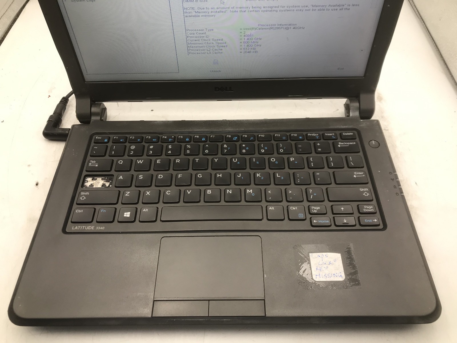 DELL LATITUDE 3340 – BOOTS TO BIOS/LOCKED – INTEL CELERON 2957 – NO RAM -READ-BB
