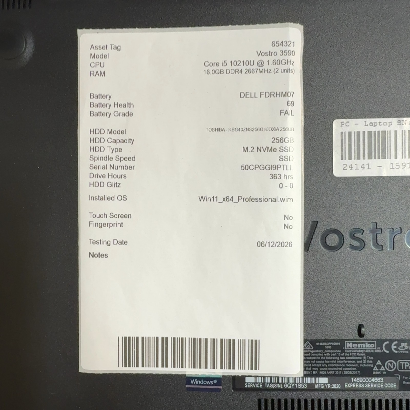 Dell Vostro 3590 Laptop Intel Core i5-10210U 16GB RAM 256GB SSD Windows 11 Pro