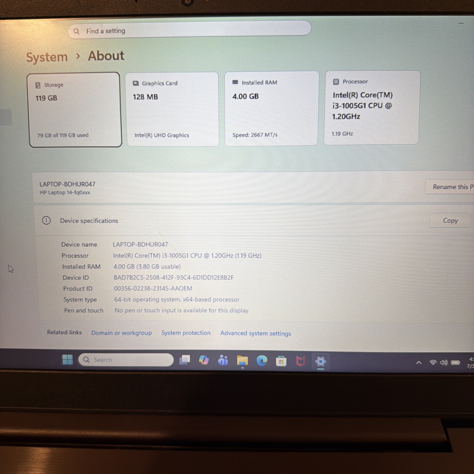 Lenovo IdeaPad S145-15IWL 15.6″ I3-1005Gi 1.2GHz 4GB RAM 128GB SSD Window 11