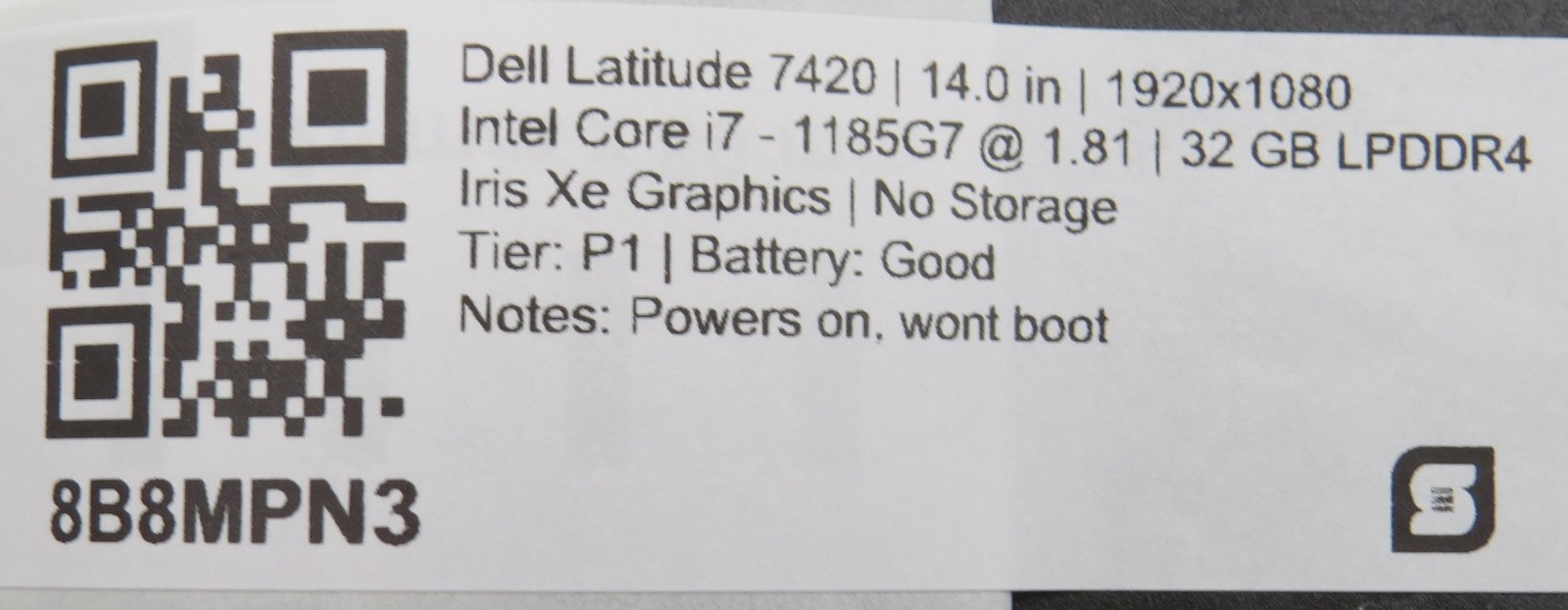 Dell Latitude 7420 i7-1185G7 @ 1.81GHz 32GB DDR4 14″ No HDD/OS/AC *REPAIR*