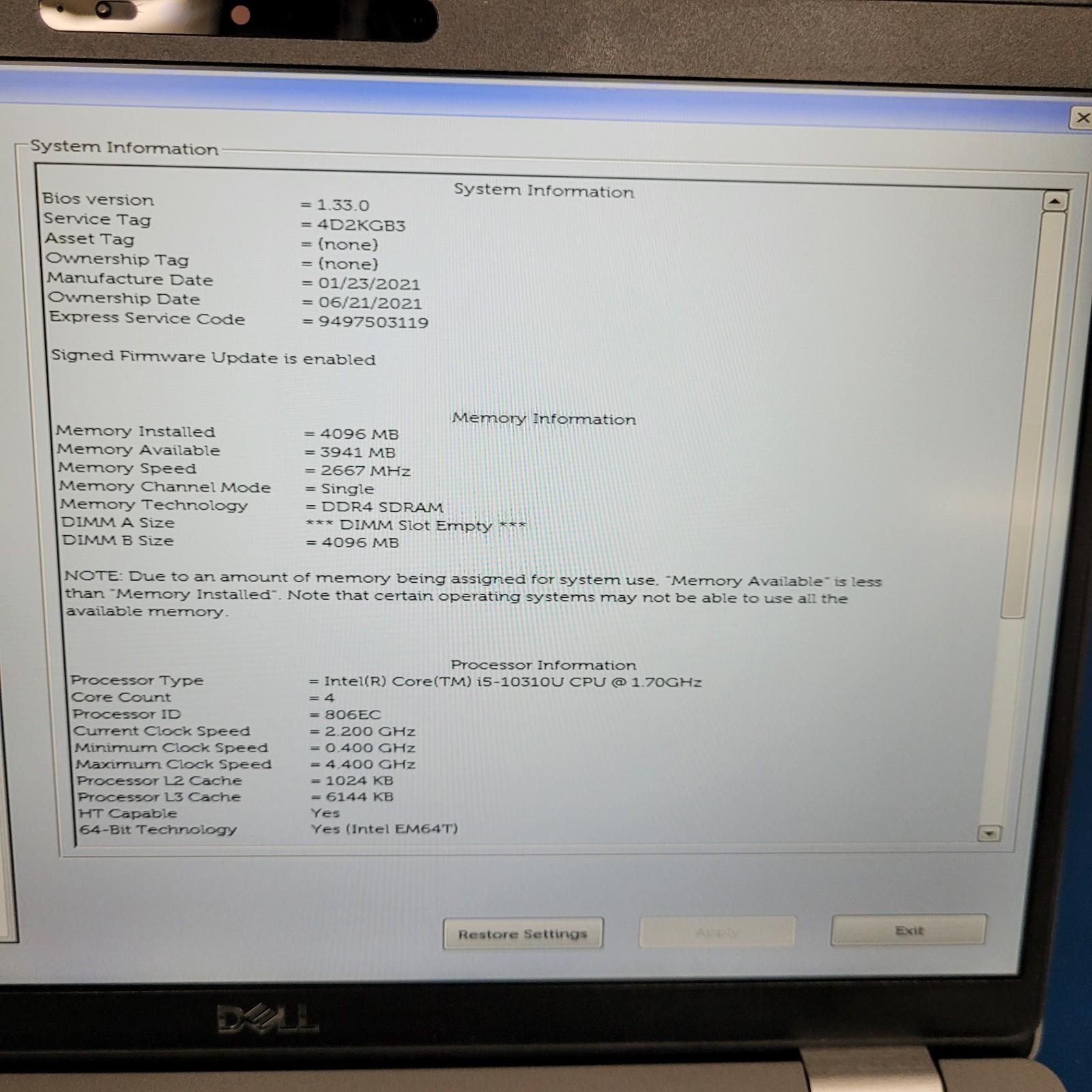 Dell Latitude 5410 Intel i5-10310u @1.70GHz / 4 GB RAM/ No HDD – No Charger