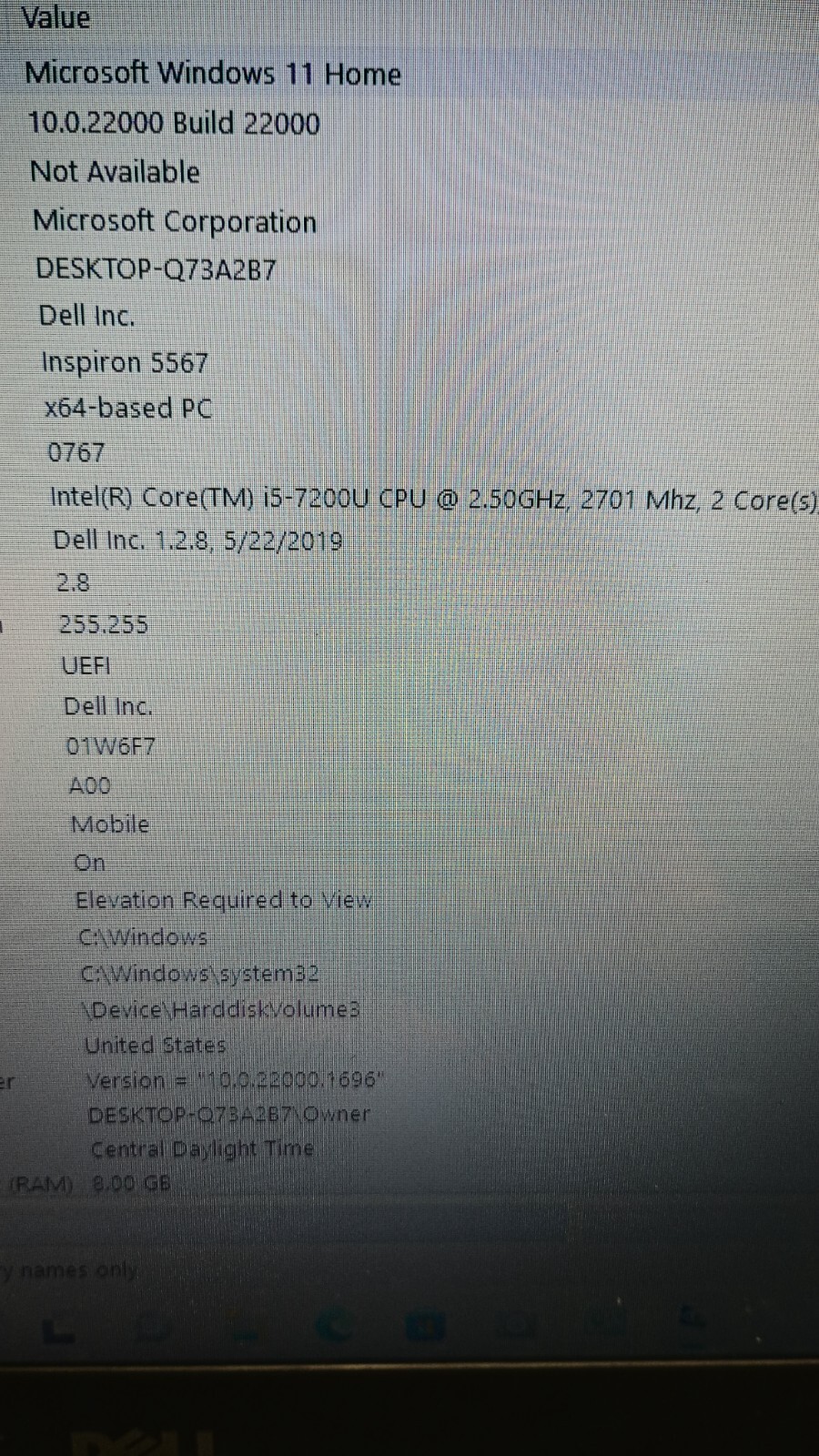 Inspiron5567 (5301)w/charger.i5-7200U.Optical. 8GB.128GB SSD.15.6″.W11 Home
