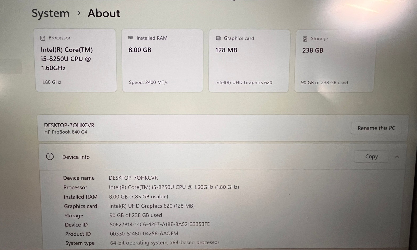 hp probook g4 intel core i5-8250 8th gen/ 8gb /256gb m.2