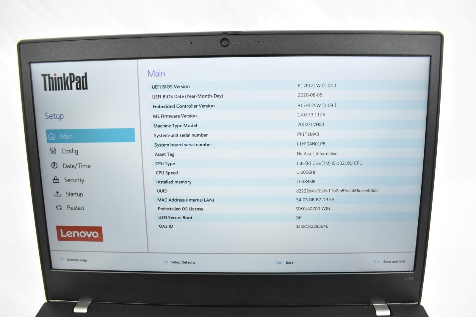 Lenovo Thinkpad L14 Gen 1 i5-10210U 1.6GHz 16GB 256GB SSD No OS *See Issues*