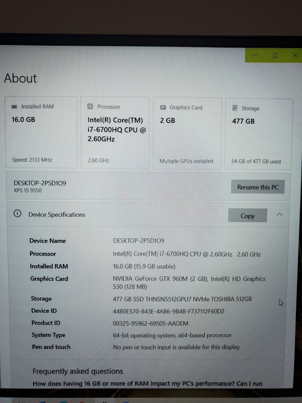Dell XPS 15 9550 i7-6700HQ 16GB RAM 512GB SSD GTX 960M Win10 – BAD Battery -READ